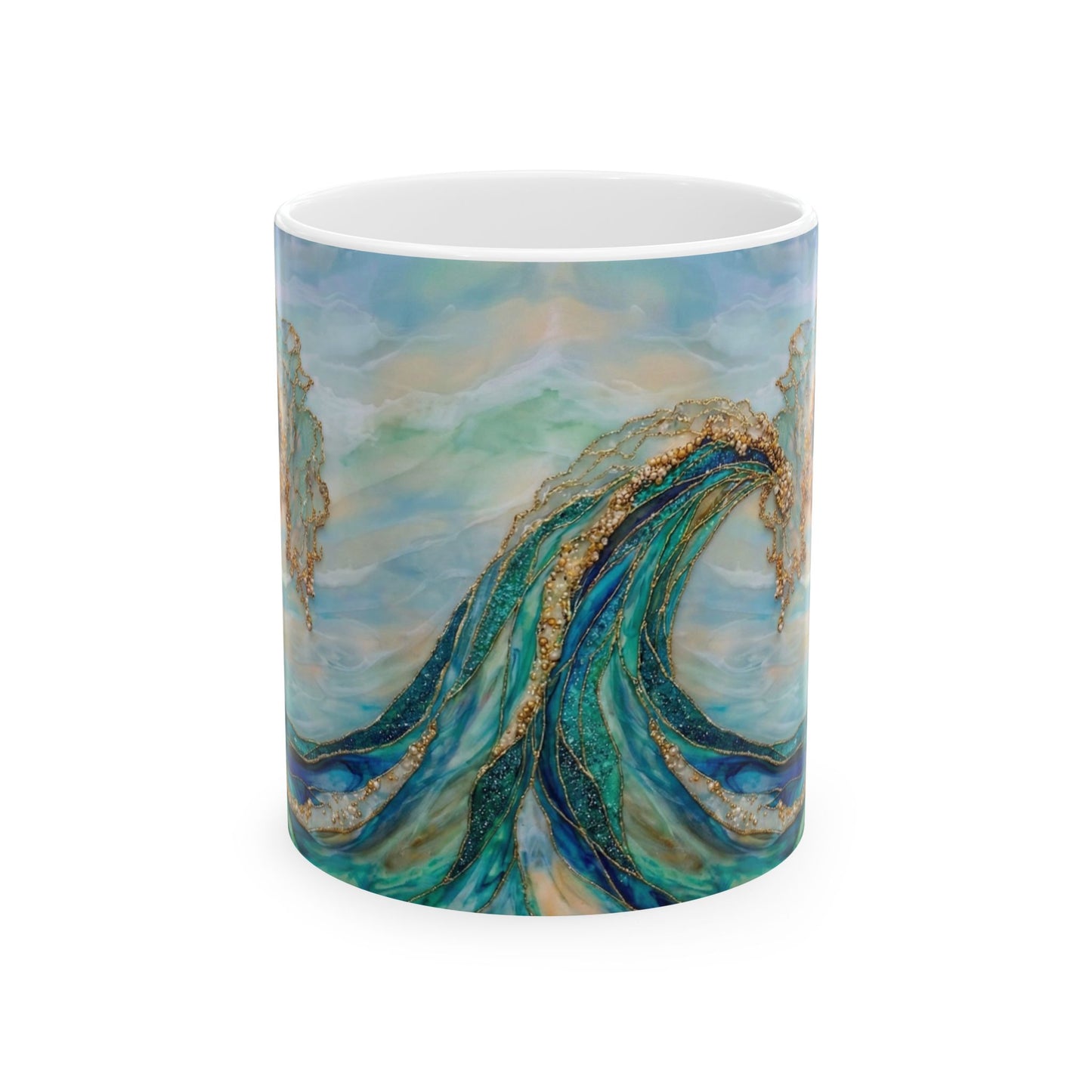Ocean Wave Ceramic Mug — Teal & Gold Coastal Art Coffee Cup (11oz, 15oz) - 14522