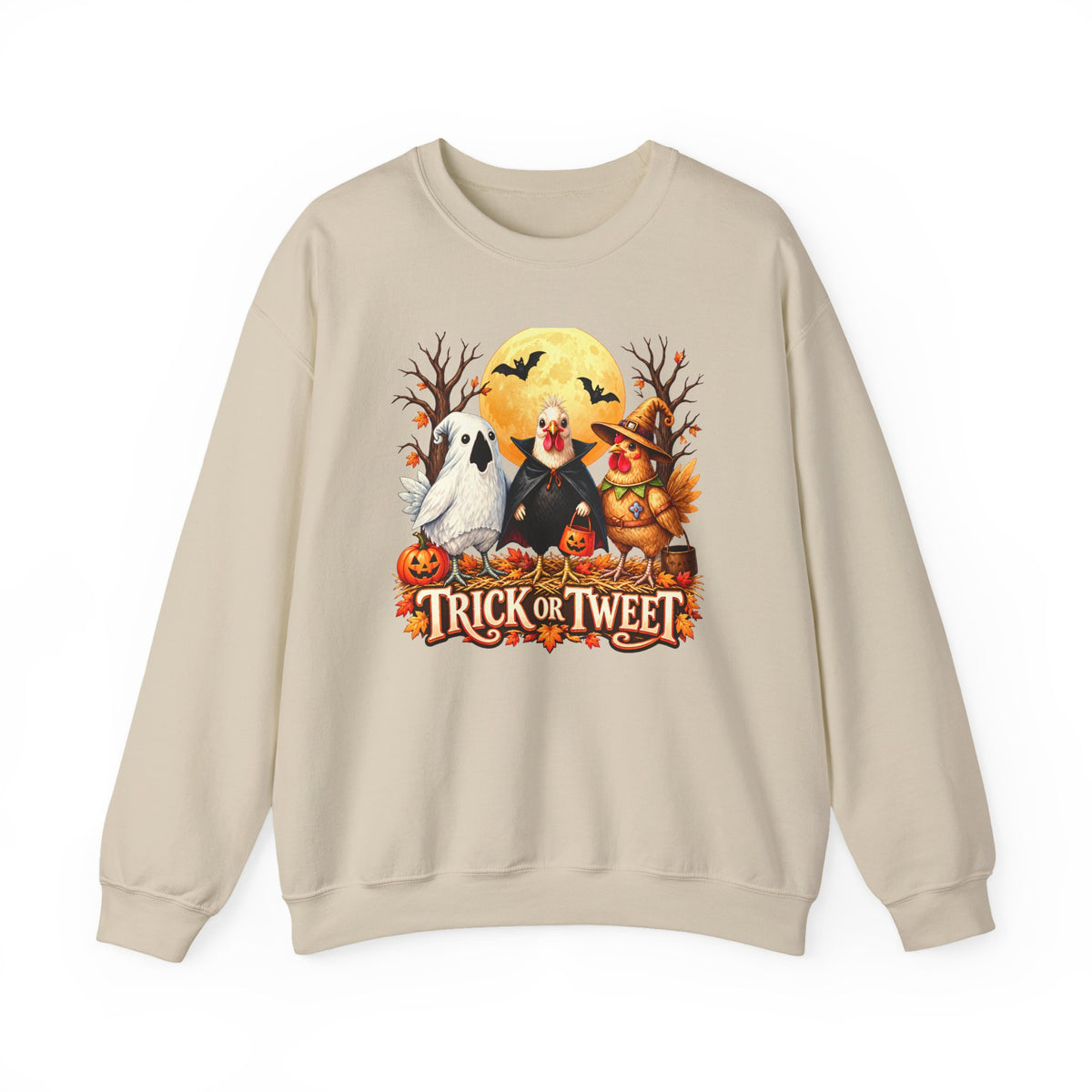 Trick or Tweet Halloween Sweatshirt, Cute Costume Chickens & Ghost Crewneck- 14512