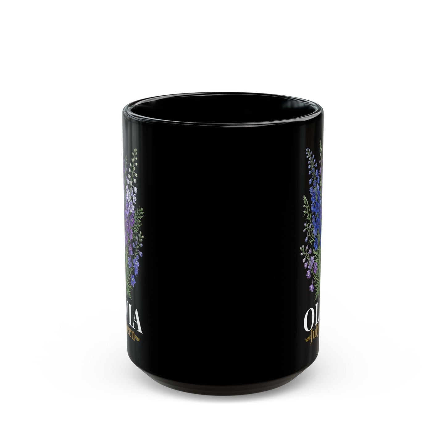 Personalized July Birth Flower Mug – Custom Name Larkspur Floral Coffee Cup, July Queen Gift for Her, Black Mug 11oz 15oz - 14905