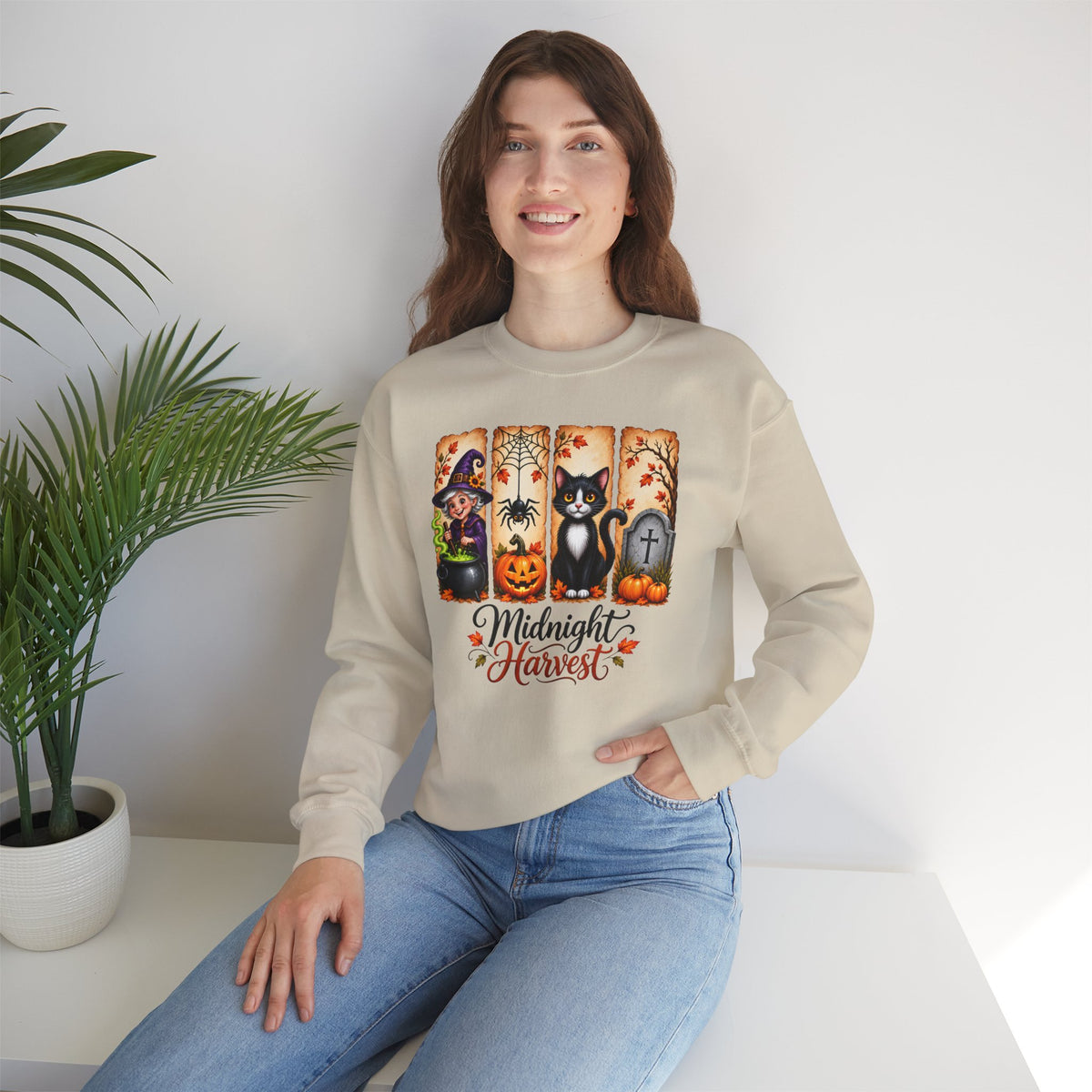 Midnight Harvest Halloween Sweatshirt, Witch, Black Cat, Pumpkins & Spooky Fall Crewneck - 14514