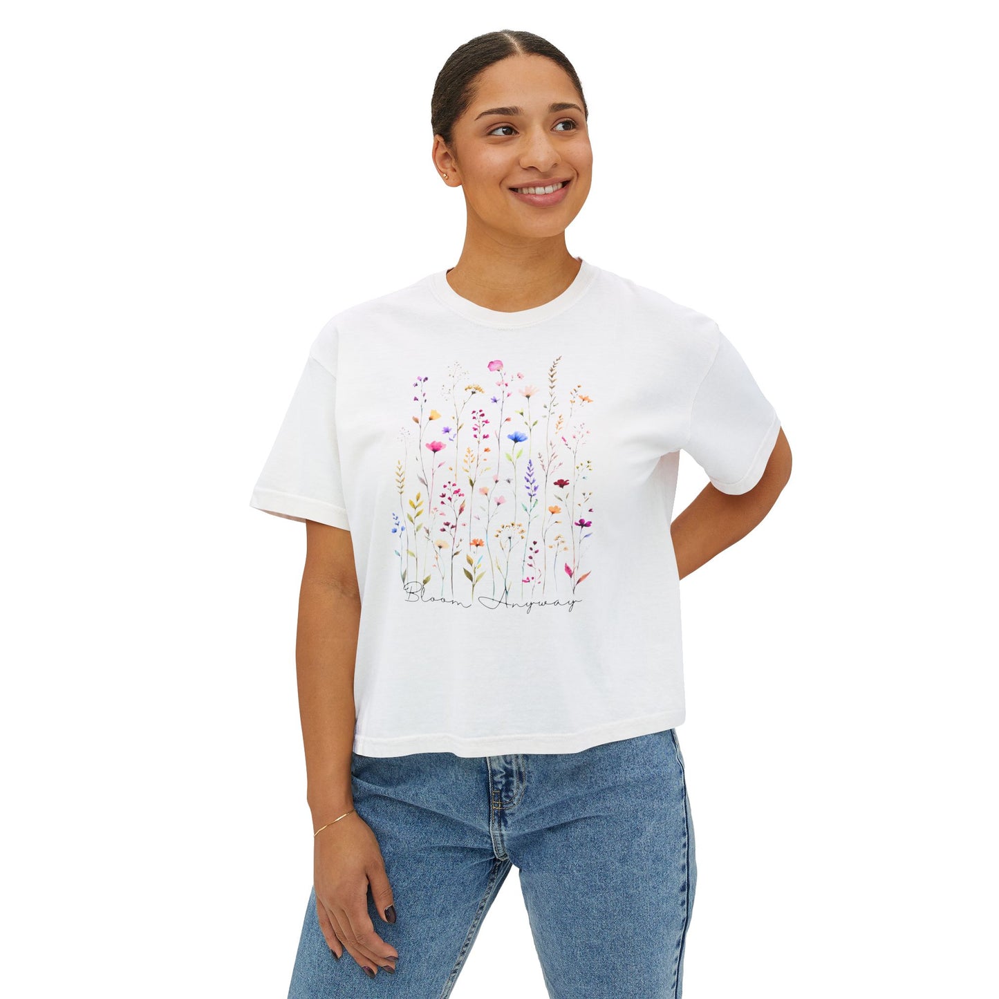 Bloom Anyway Wildflower Boxy Tee, Women’s Watercolor Floral T-Shirt - 14959