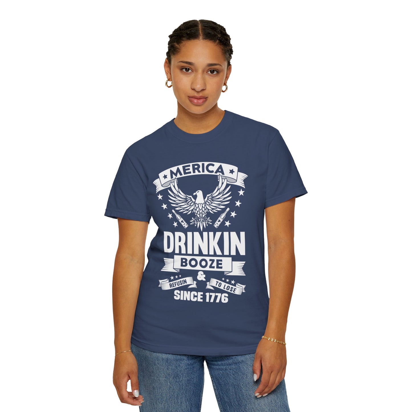Patriotic Graphic Tee, Unisex Vintage T-shirt, Amerca Drinking Booze Shirt, Independence Day Gift, Casual Wear, Freedom Fashion - 13788