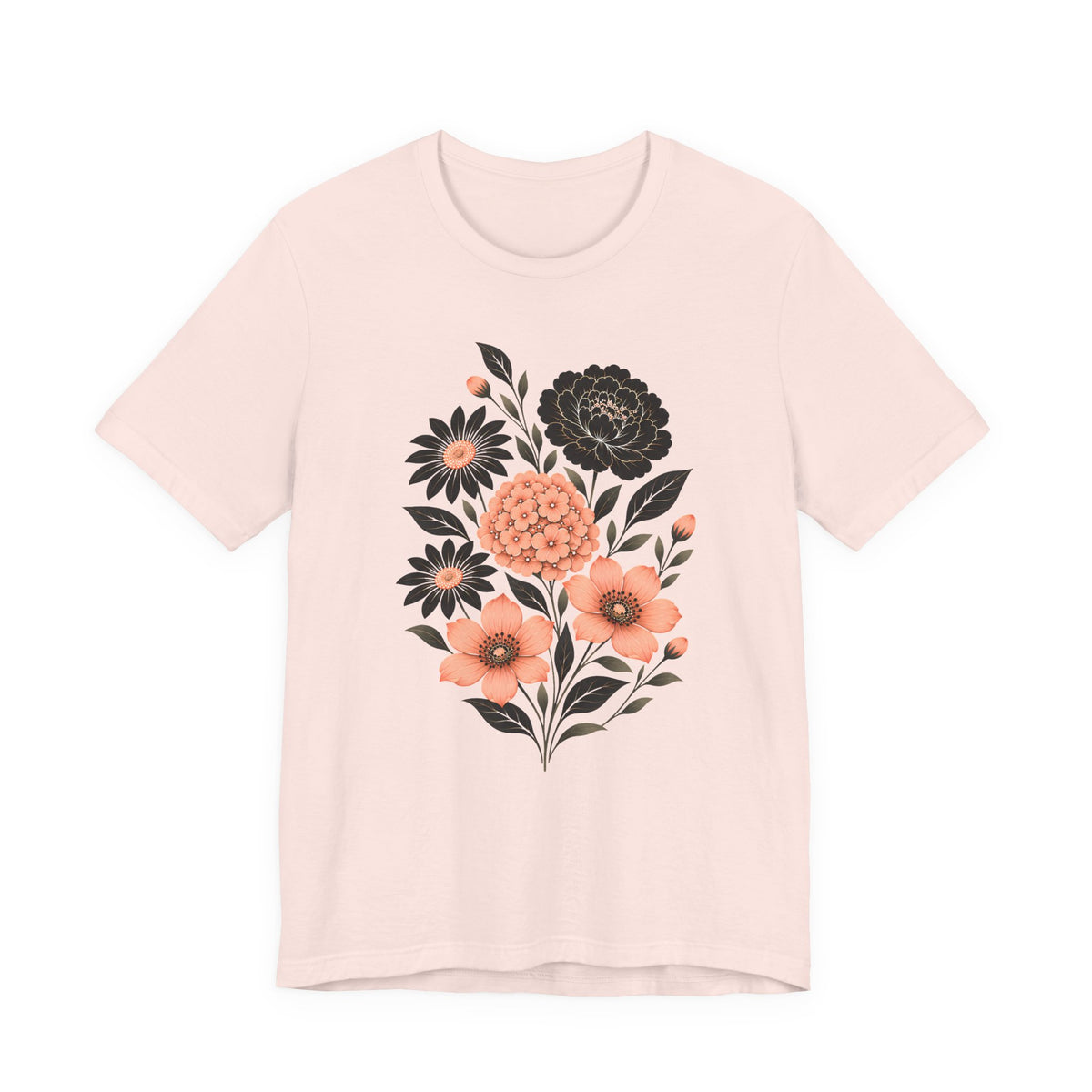 Floral Bouquet T-Shirt, Peach & Black Garden Flower Tee - 14502