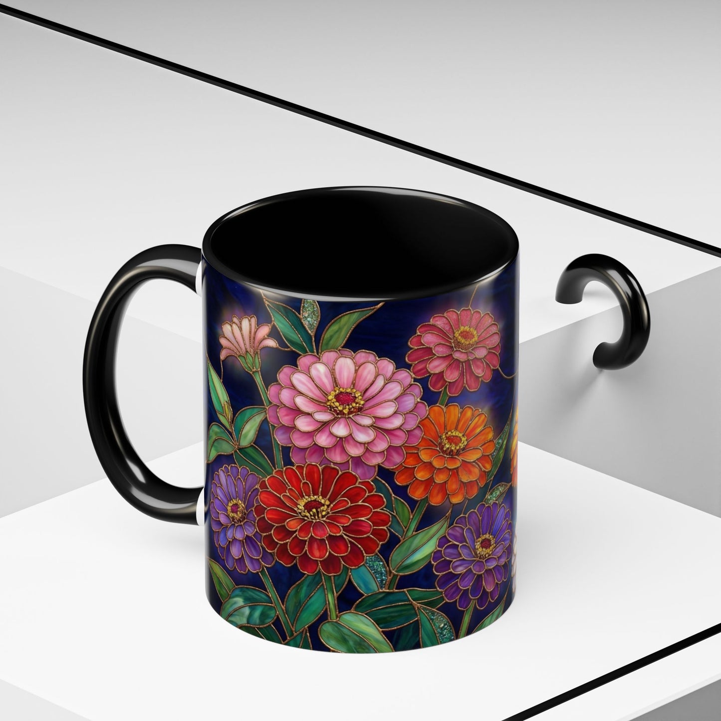 Zinnias Floral Accent Coffee Mug — Stained Glass Design 11/15oz - 14591
