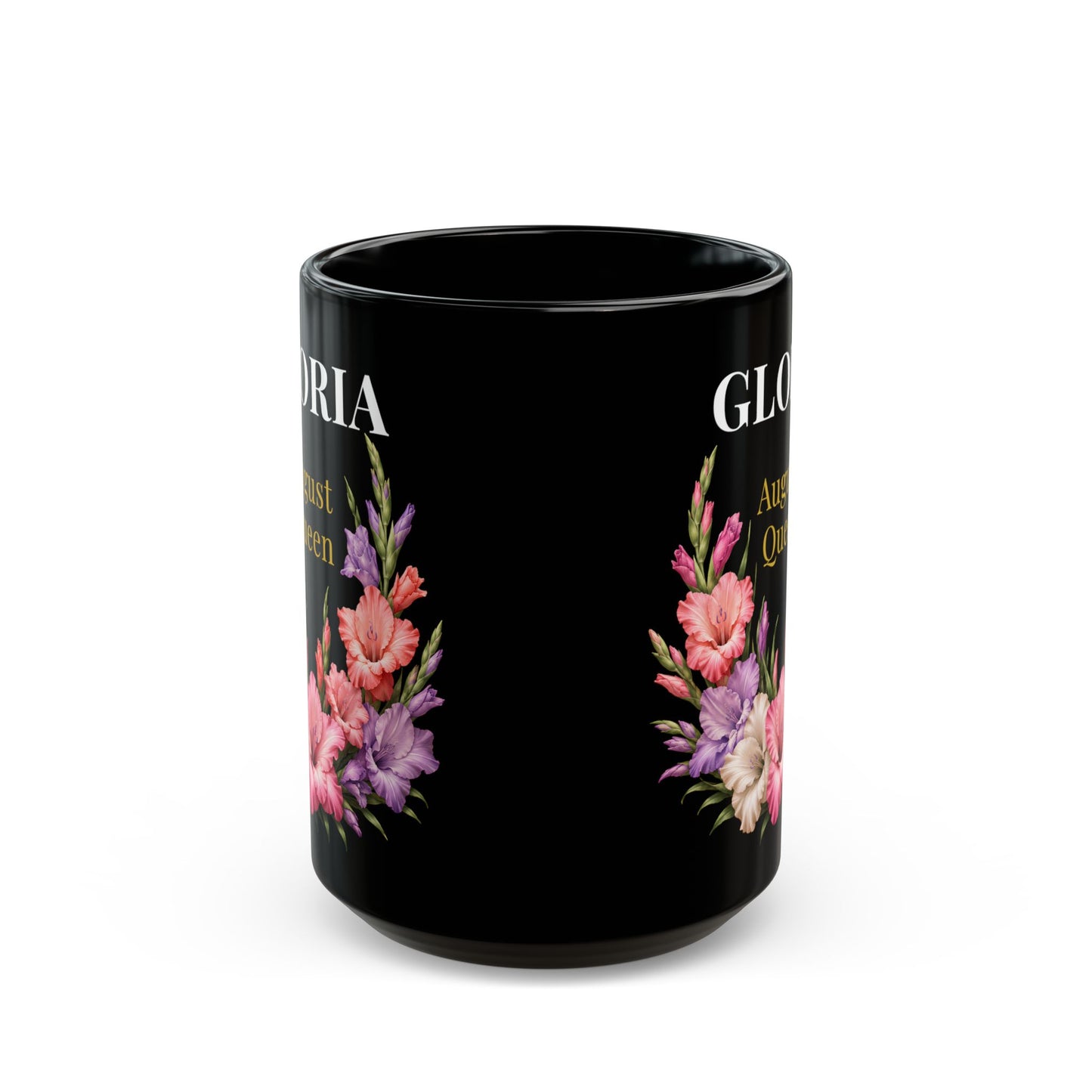 Personalized August Queen Floral Black Mug — Custom Name Birthday Gift (11oz/15oz) - 14916