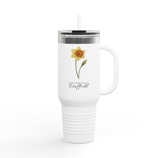 March Birth Flower Daffodil 40oz Insulated Travel Mug – Single Elegant Floral Birthday Gift Tumbler - 14818