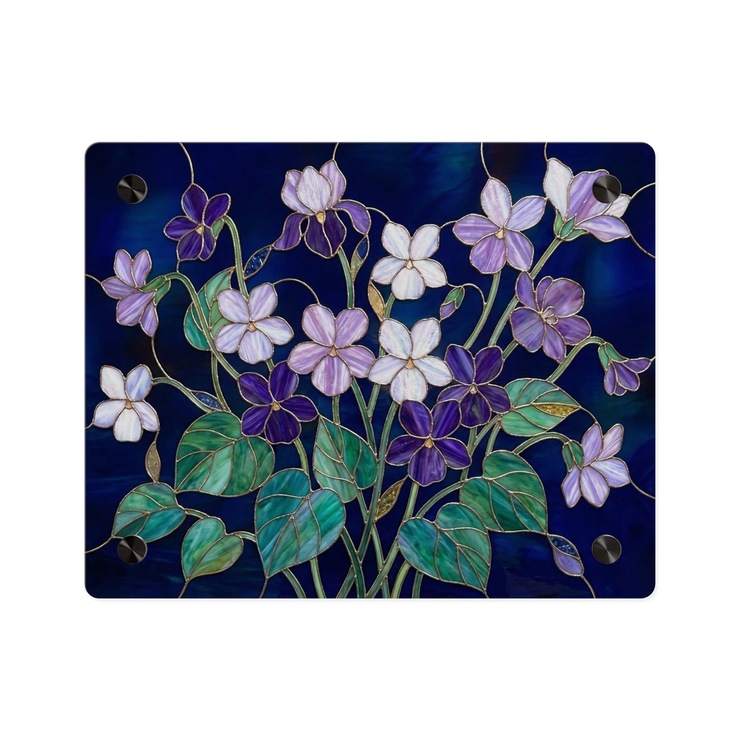 Violet Floral Acrylic Wall Art Panel — Purple Violets on Deep Blue - 14600