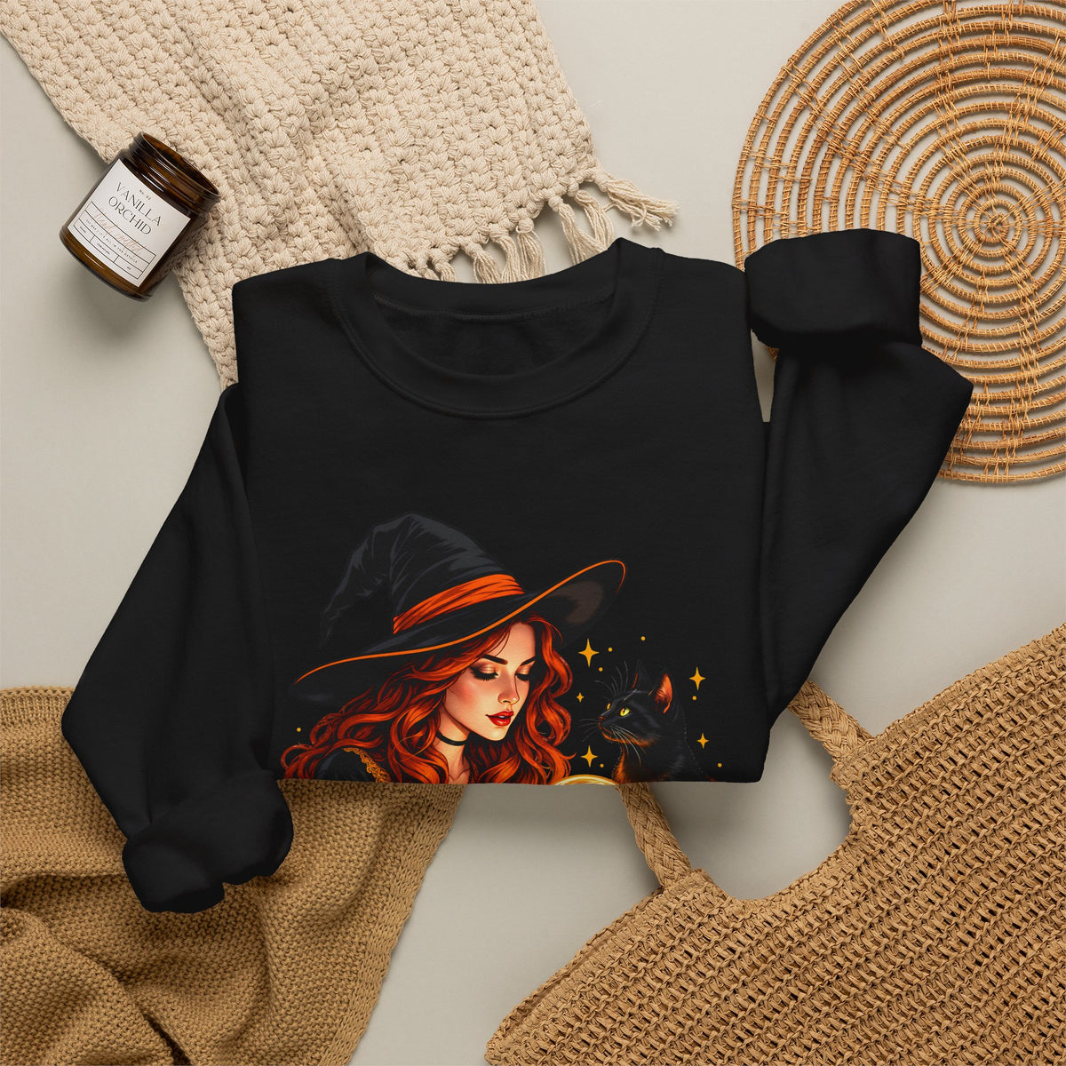 Witch Tarot Crewneck Sweatshirt, Mystic Fortune Teller & Black Cat Design - 14504