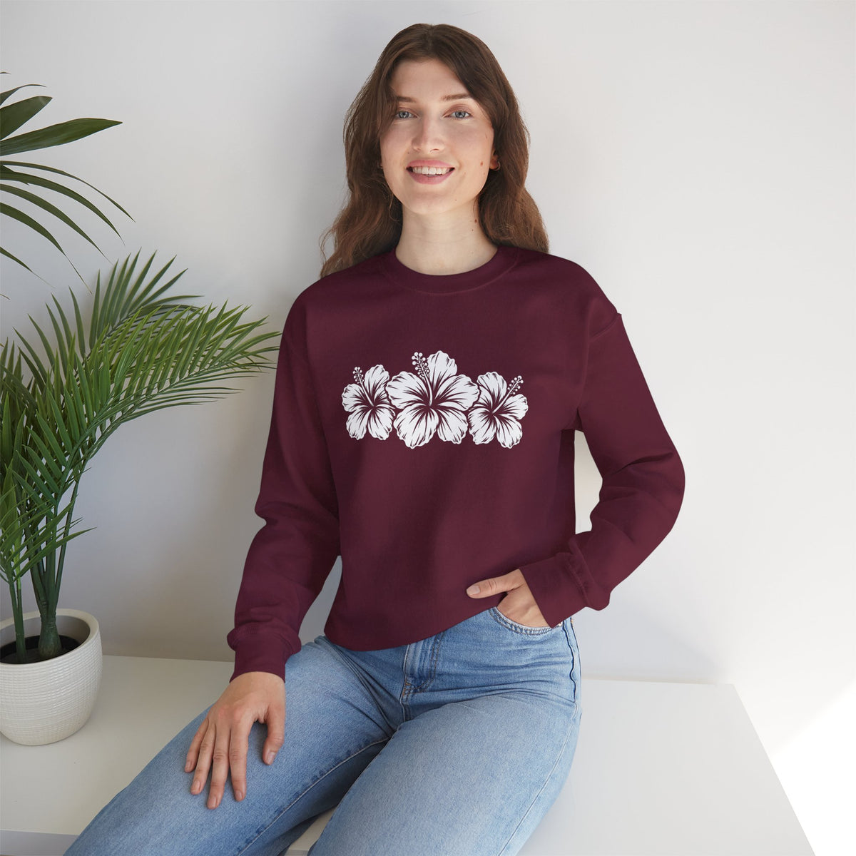Hibiscus Floral Crewneck Sweatshirt,  Tropical Flower Graphic - 14996