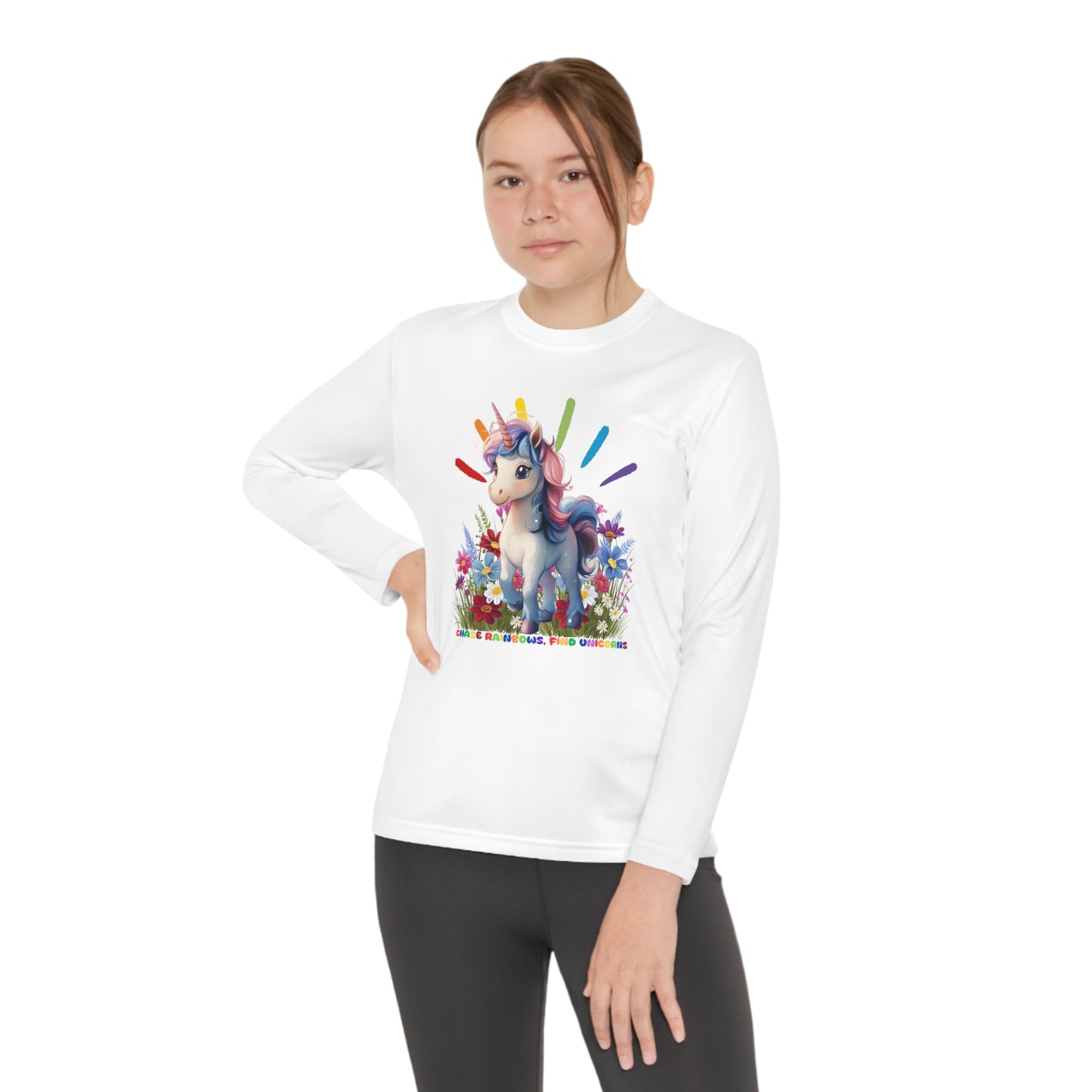 Chase Rainbows, Find Unicorns - Youth Long Sleeve Competitor Tee