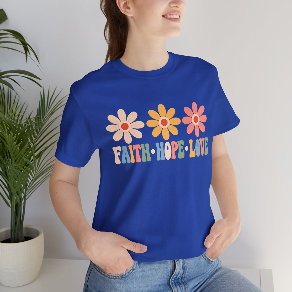Faith Hope Love Floral T-Shirt, Retro Flower Graphic Tee - 14978