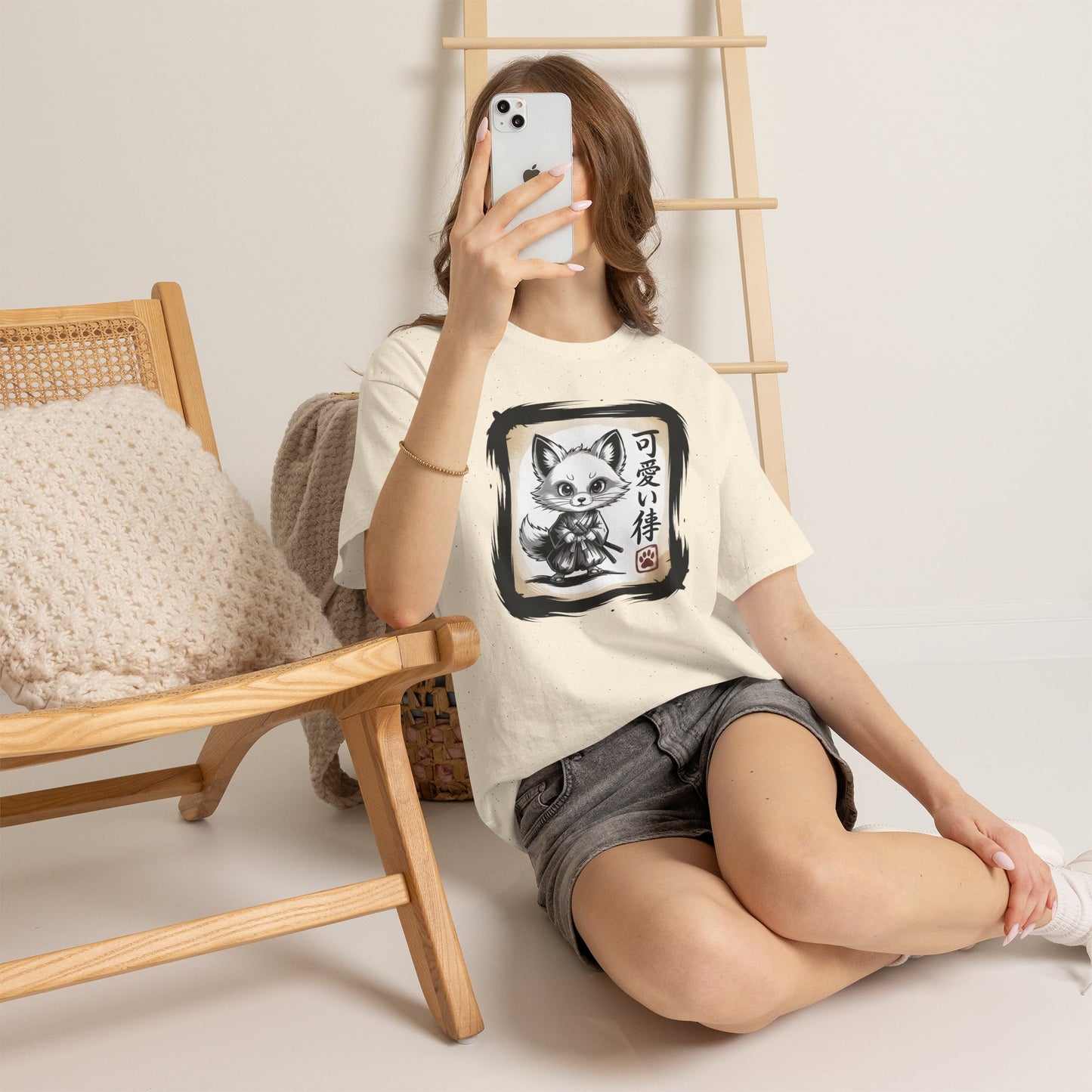 Fox Spirit Tee – Kawaii Fox Samurai with Japanese Calligraphy T-Shirt - 14911