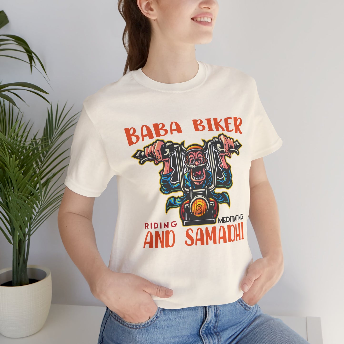 Baba Biker, Riding, Meditating and Samadhi - Unisex Jersey Short Sleeve Tee - 13590