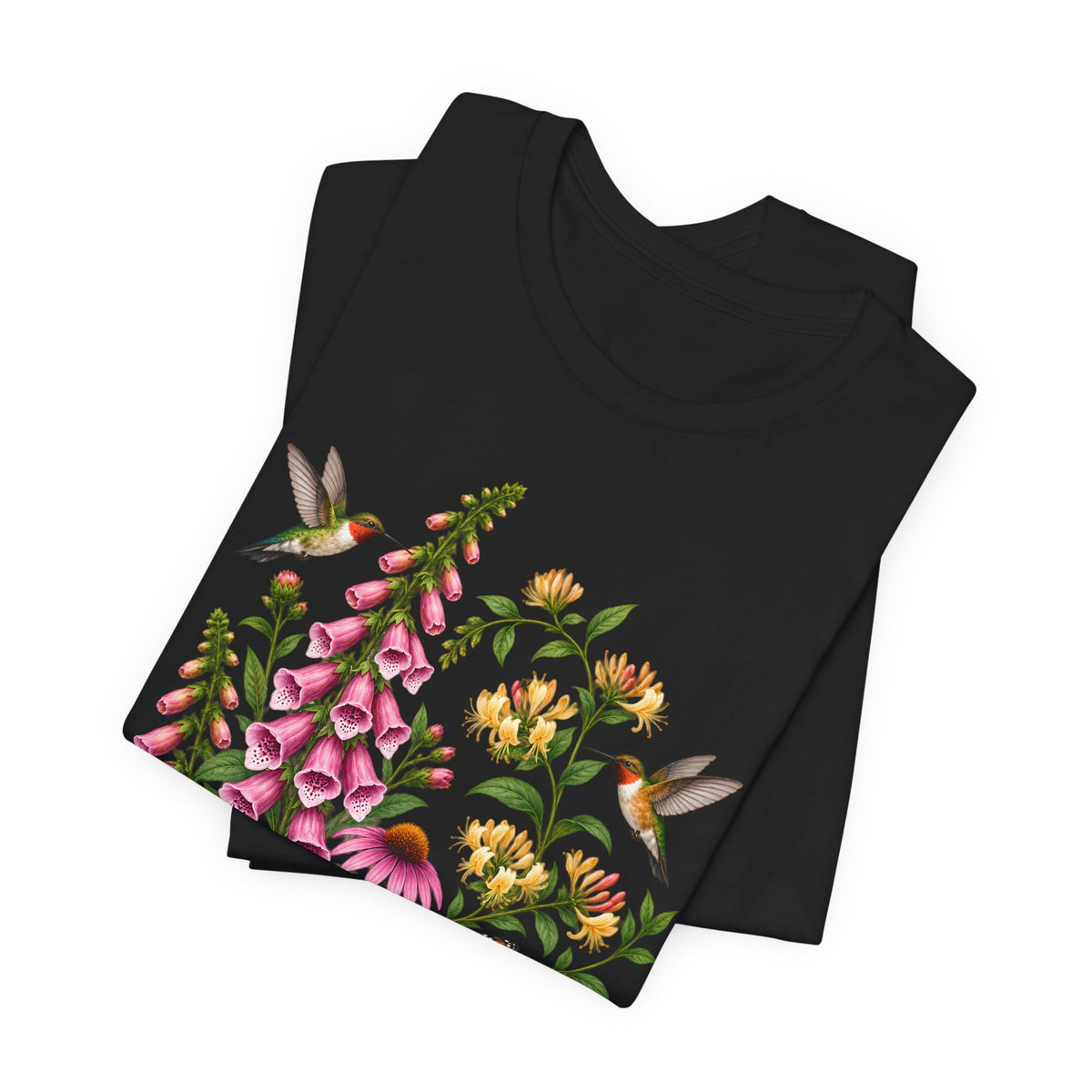 Floral Hummingbird Garden T-Shirt, Wildflower & Butterfly Botanical Tee - 14547