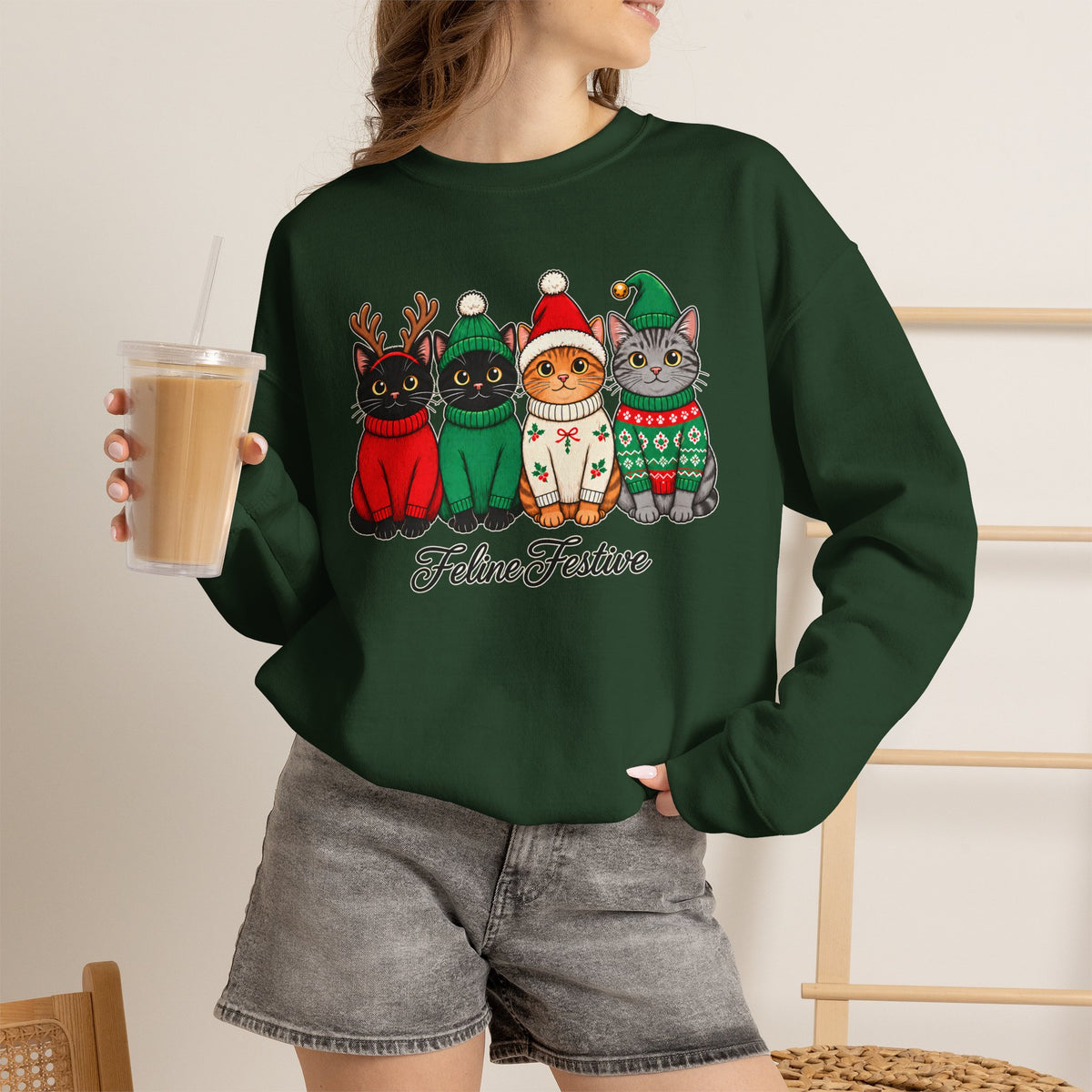 Feline Festive Sweatshirt, Cute Christmas Cats Crewneck - 14564