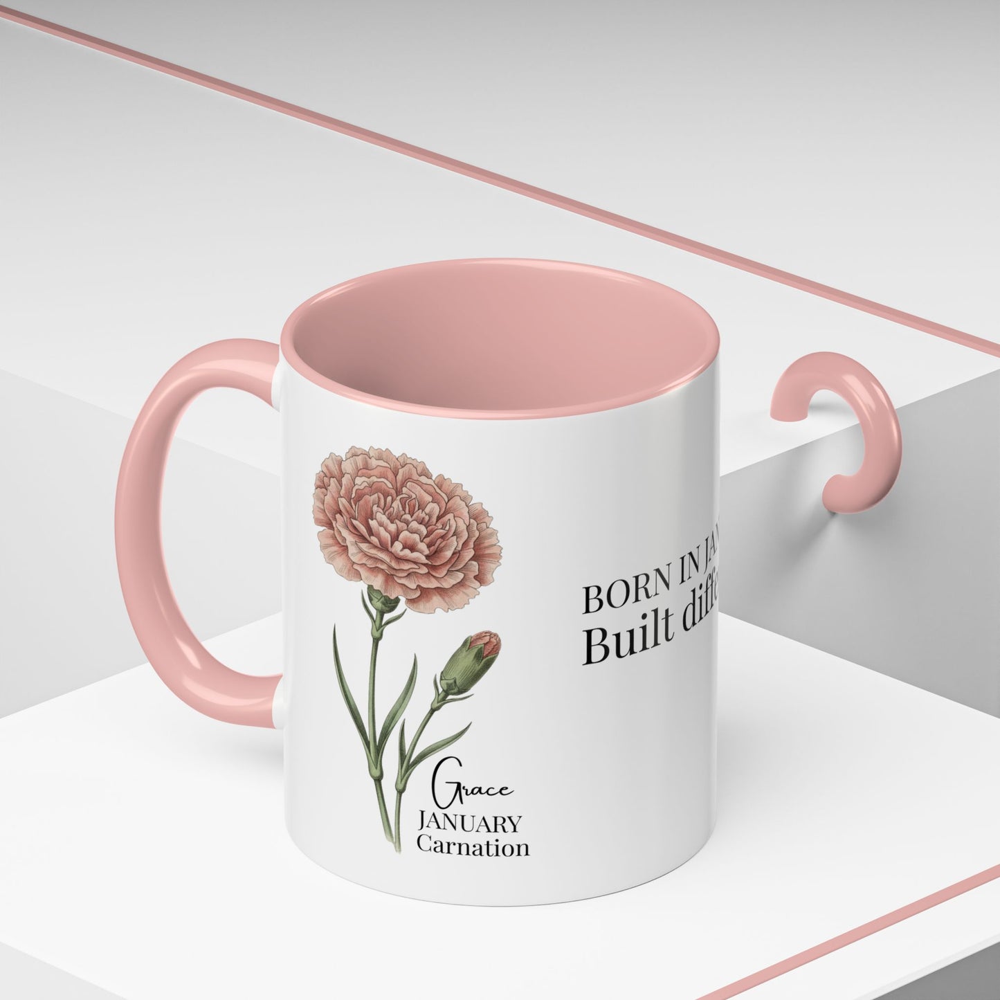 January Carnation Birth Flower Accent Coffee Mug – Customizable (11oz / 15oz) - 14671
