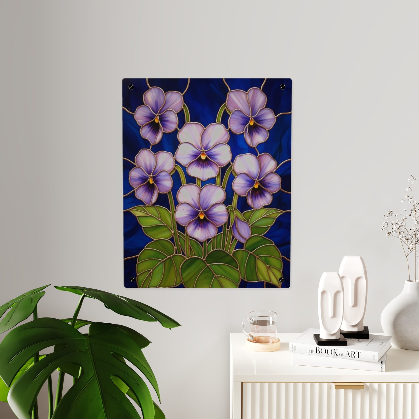 Violet Floral Acrylic Wall Art Panel — Purple Violets on Deep Blue - 14600