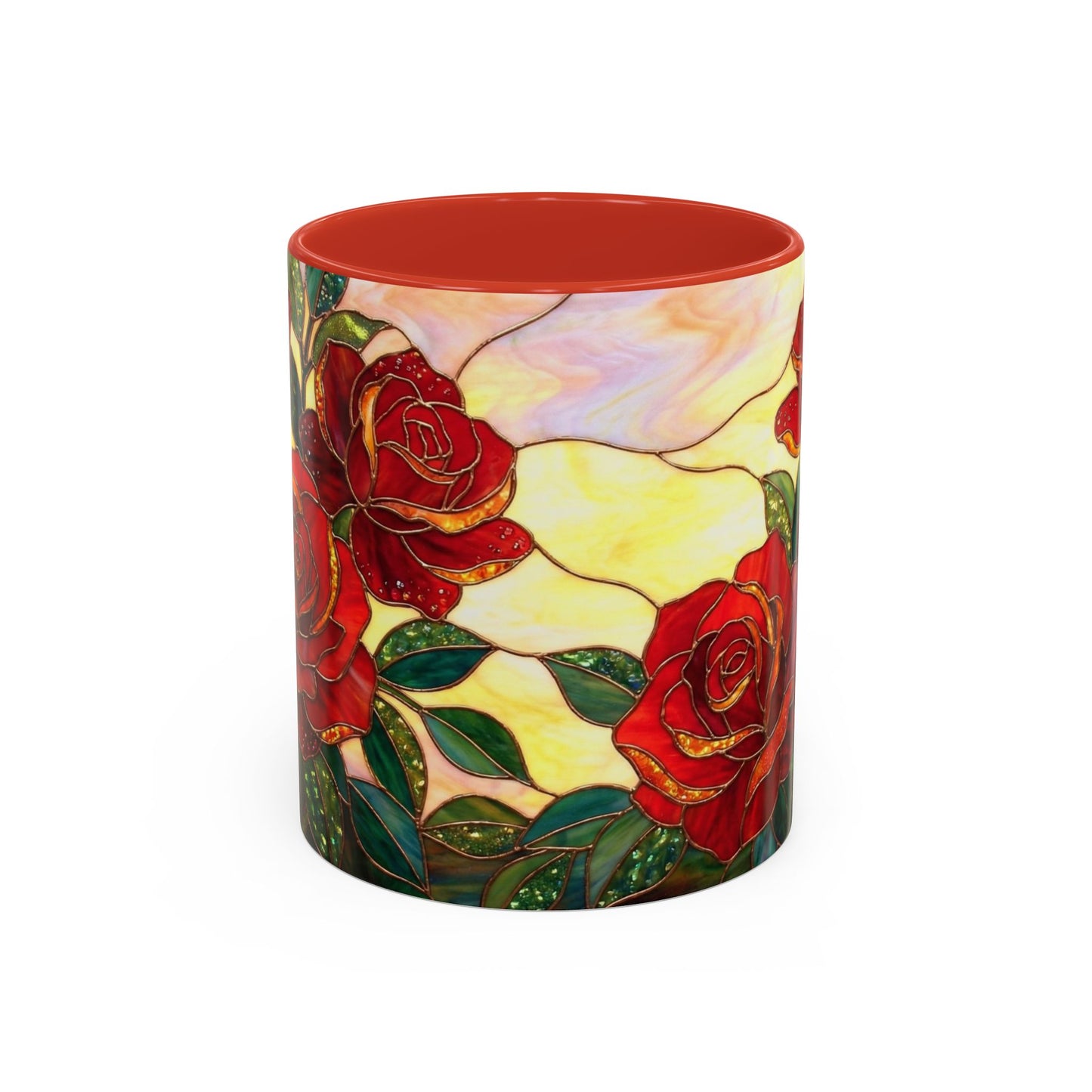 Rose Stained Glass Accent Coffee Mug – Red Roses Floral 11/15oz - 14539