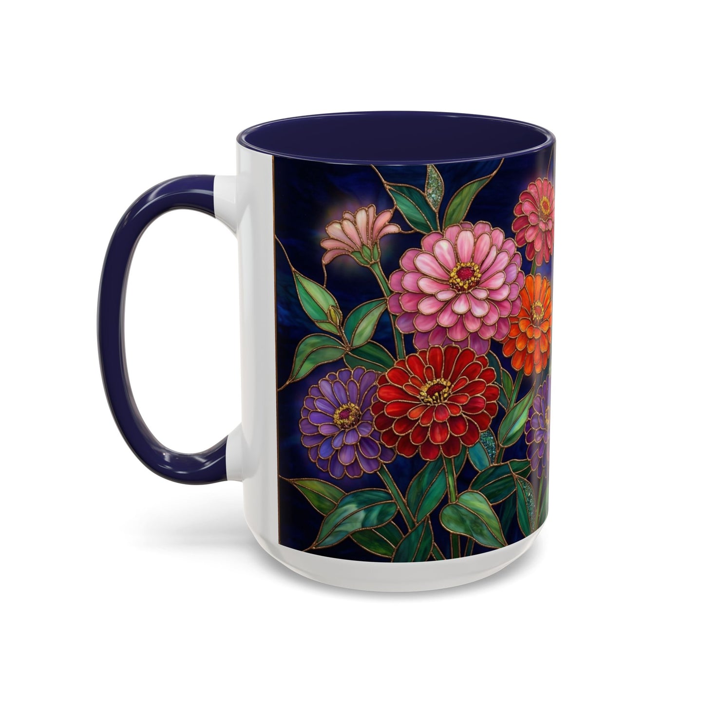 Zinnias Floral Accent Coffee Mug — Stained Glass Design 11/15oz - 14591