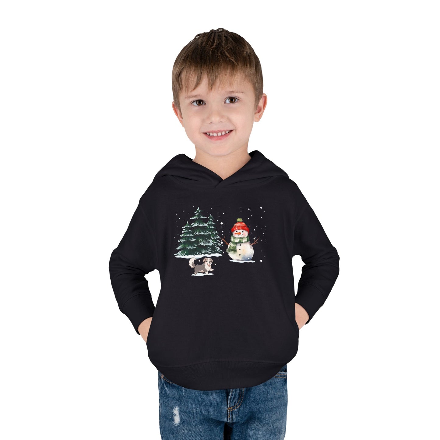 Winter Trees, Snowman & Puppy - Toddler Pullover Fleece Hoodie - 10270