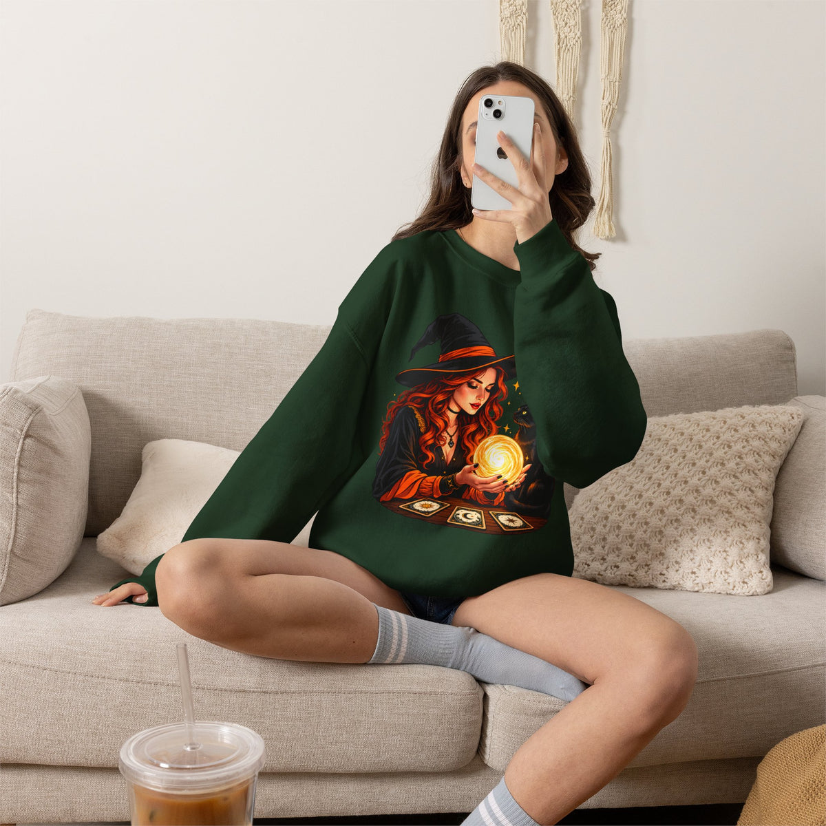 Witch Tarot Crewneck Sweatshirt, Mystic Fortune Teller & Black Cat Design - 14504