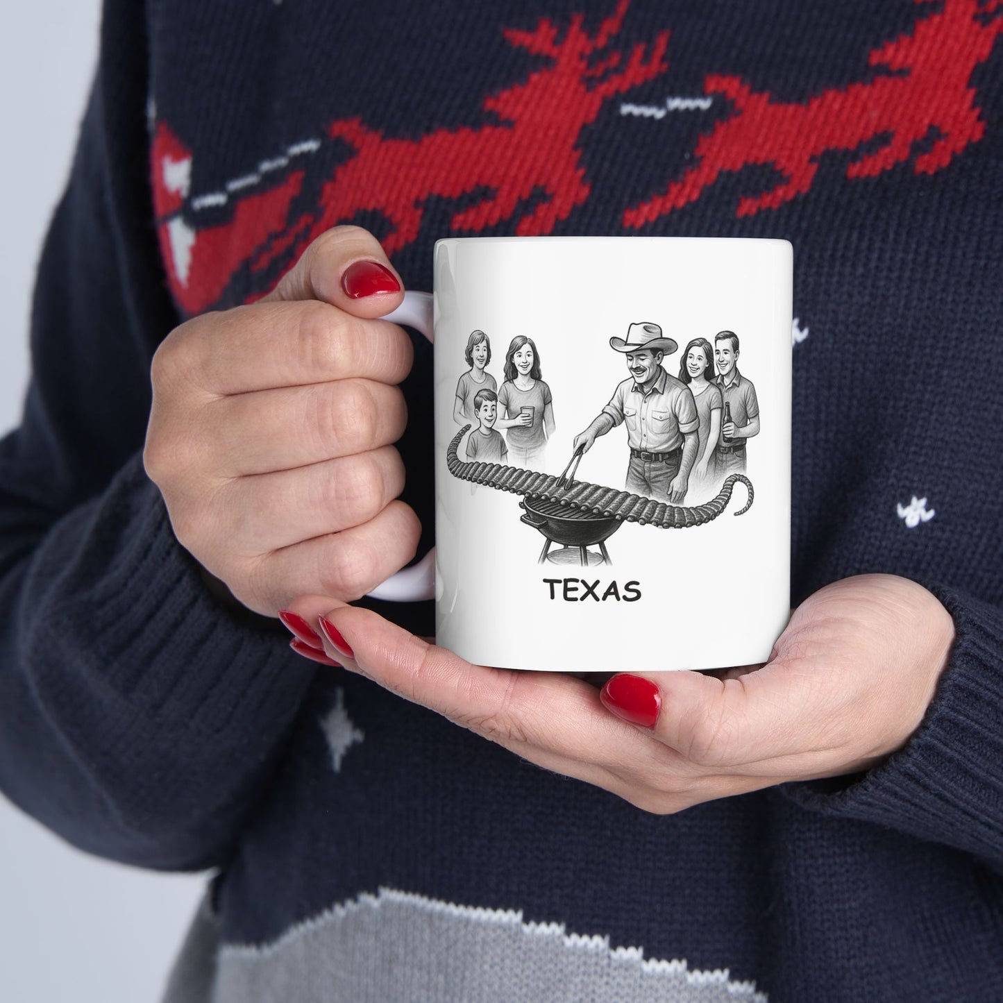 "In Texas, we don’t just ‘grill’—we make a day of it with family, friends, and the longest line of ribs you’ve ever seen." Ceramic Mug - 12752