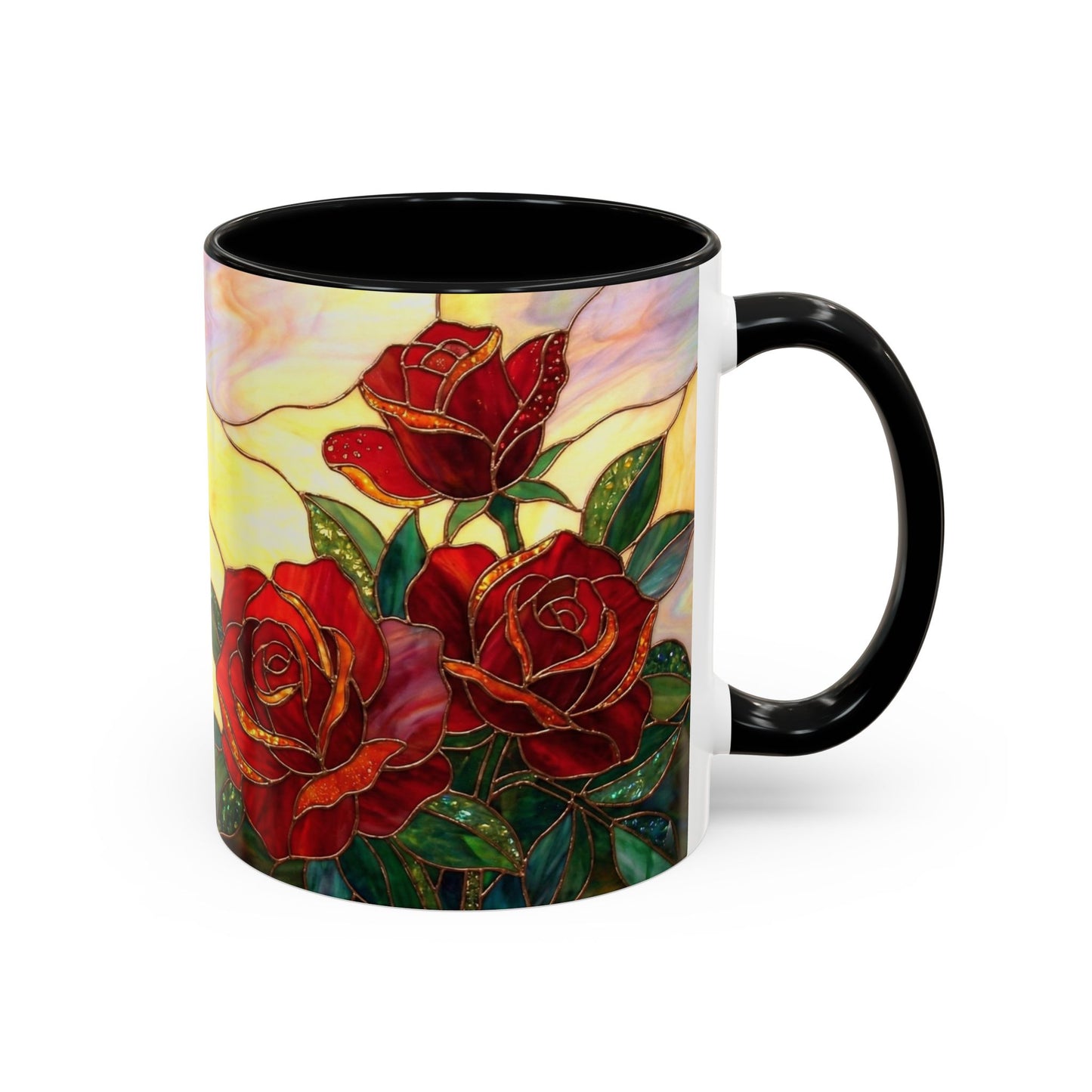 Rose Stained Glass Accent Coffee Mug – Red Roses Floral 11/15oz - 14539