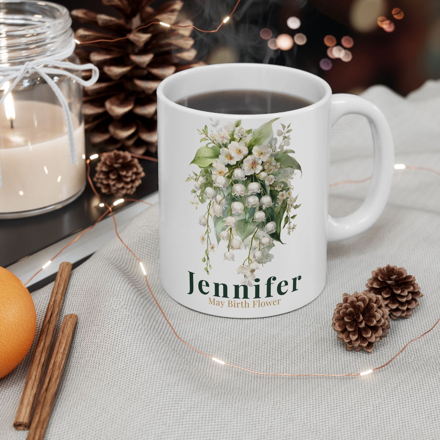 Custom Name Botanical Coffee Mug – Personalized Lily of the Valley Floral Mug Gift for Her (11oz, 15oz) - 14886