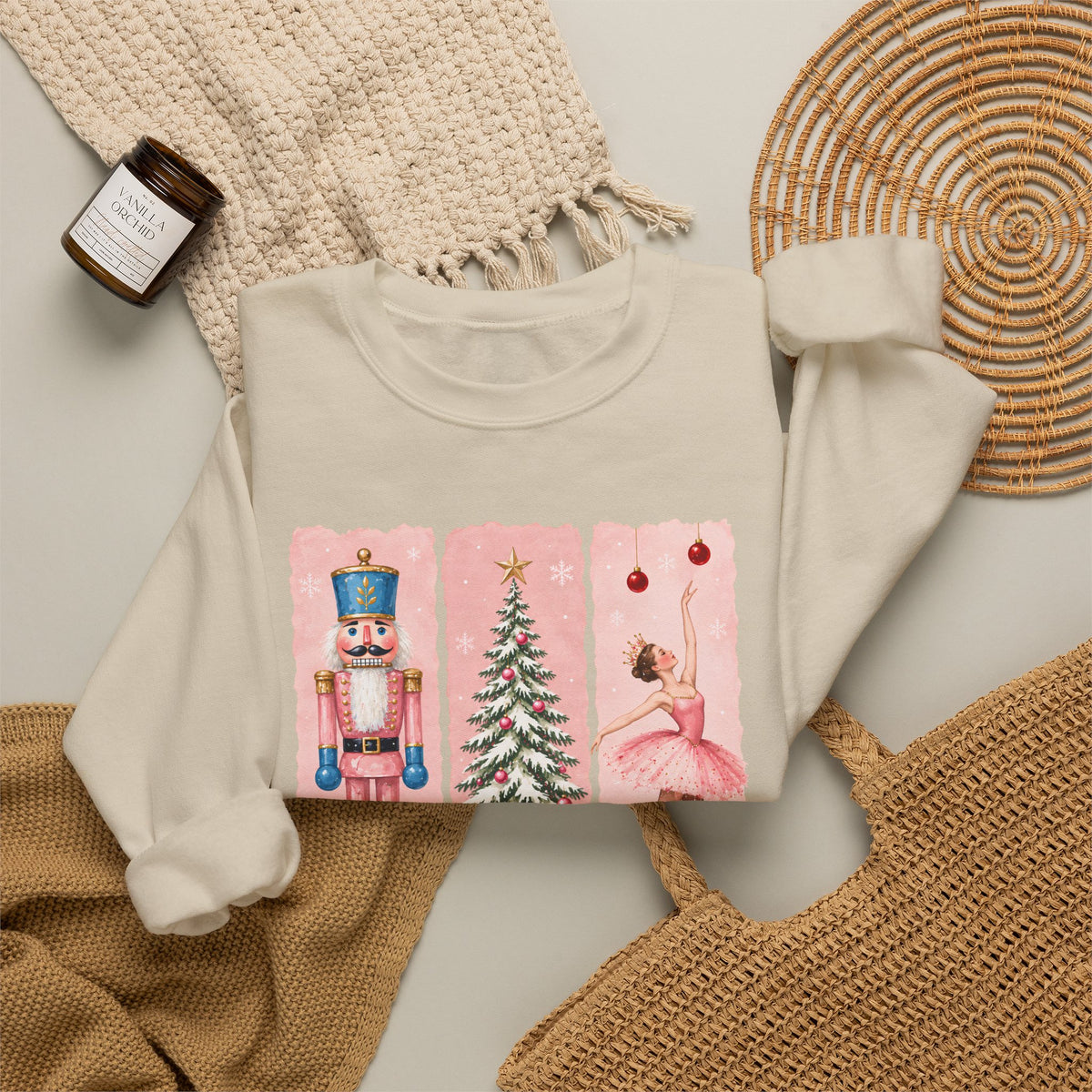 Christmas Nutcracker & Ballerina Sweatshirt, Vintage Pink Holiday Crewneck - 14568