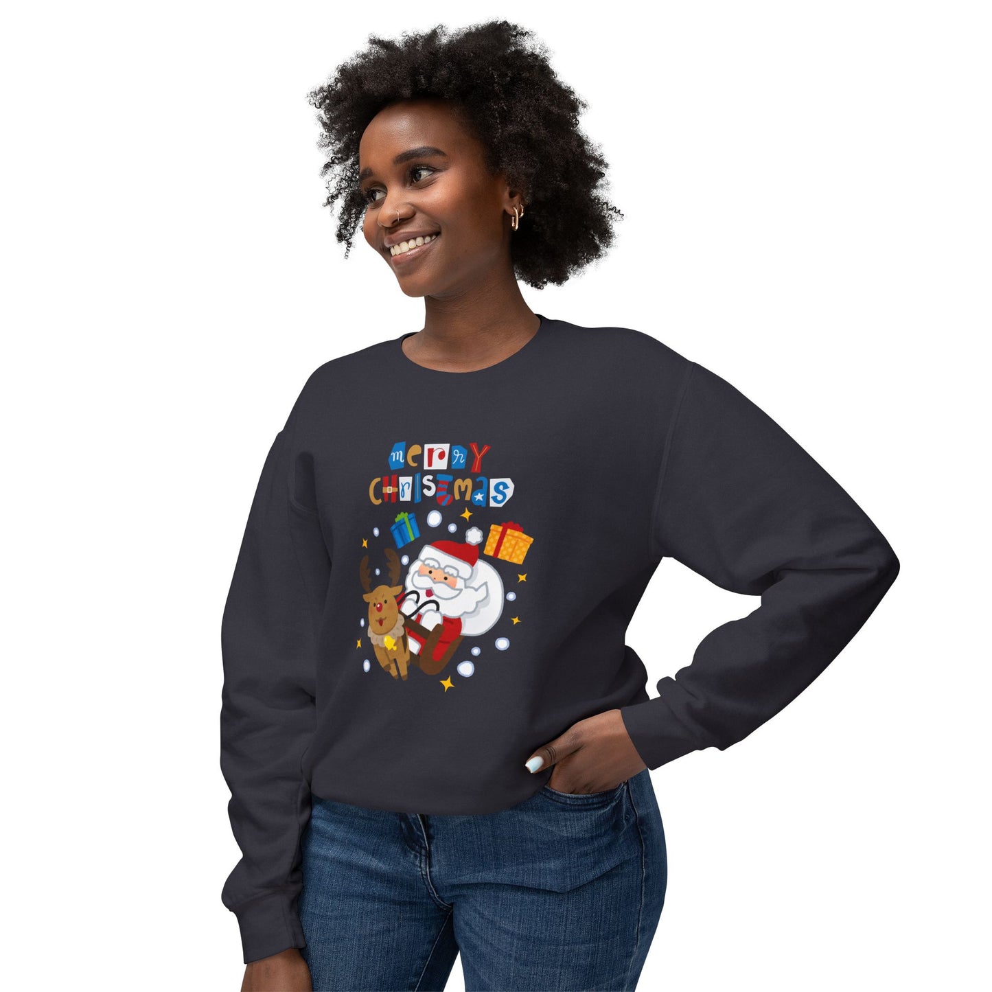 Merry Christmas, Santa & Reindeer - Unisex Lightweight Crewneck Sweatshirt - 10470