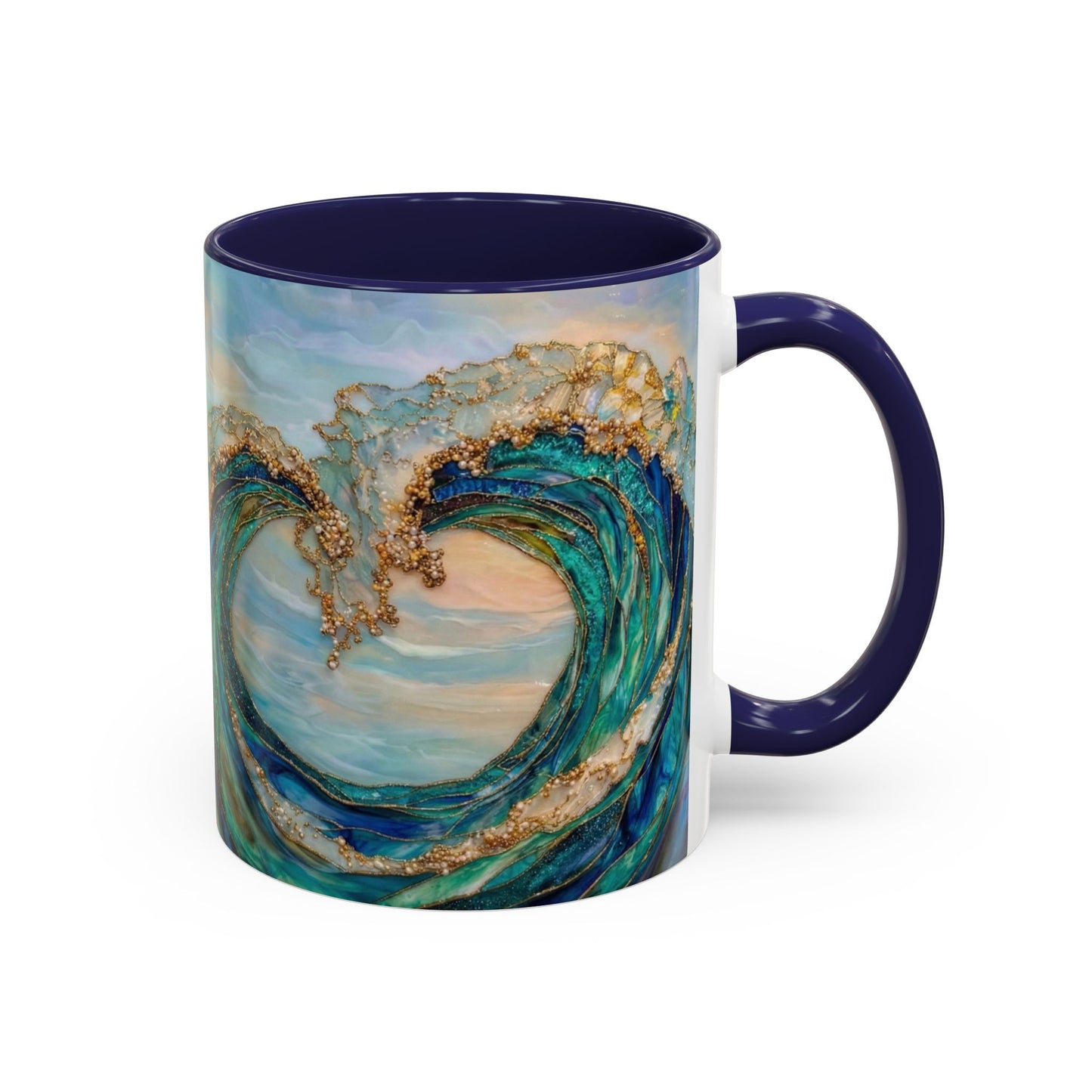 Ocean Heart Wave Coffee Mug — Teal Blue Accent Beachy Ceramic Mug (11/15oz) - 14521