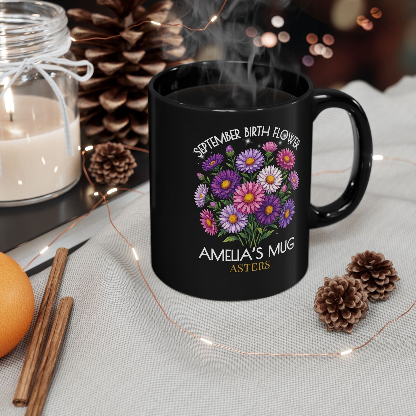 Personalized September Birth Flower Mug — Custom Name Aster Black Coffee Cup (11oz/15oz) - 14918