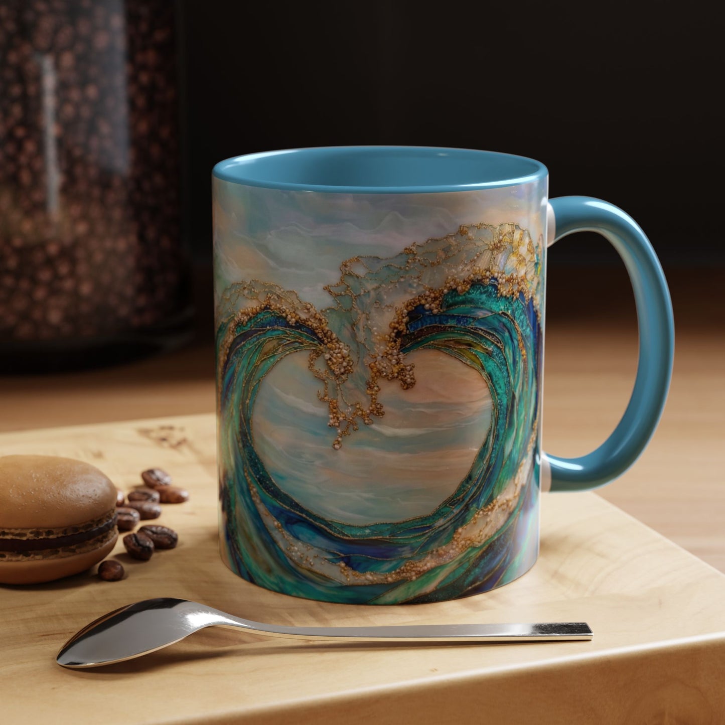 Ocean Heart Wave Coffee Mug — Teal Blue Accent Beachy Ceramic Mug (11/15oz) - 14521