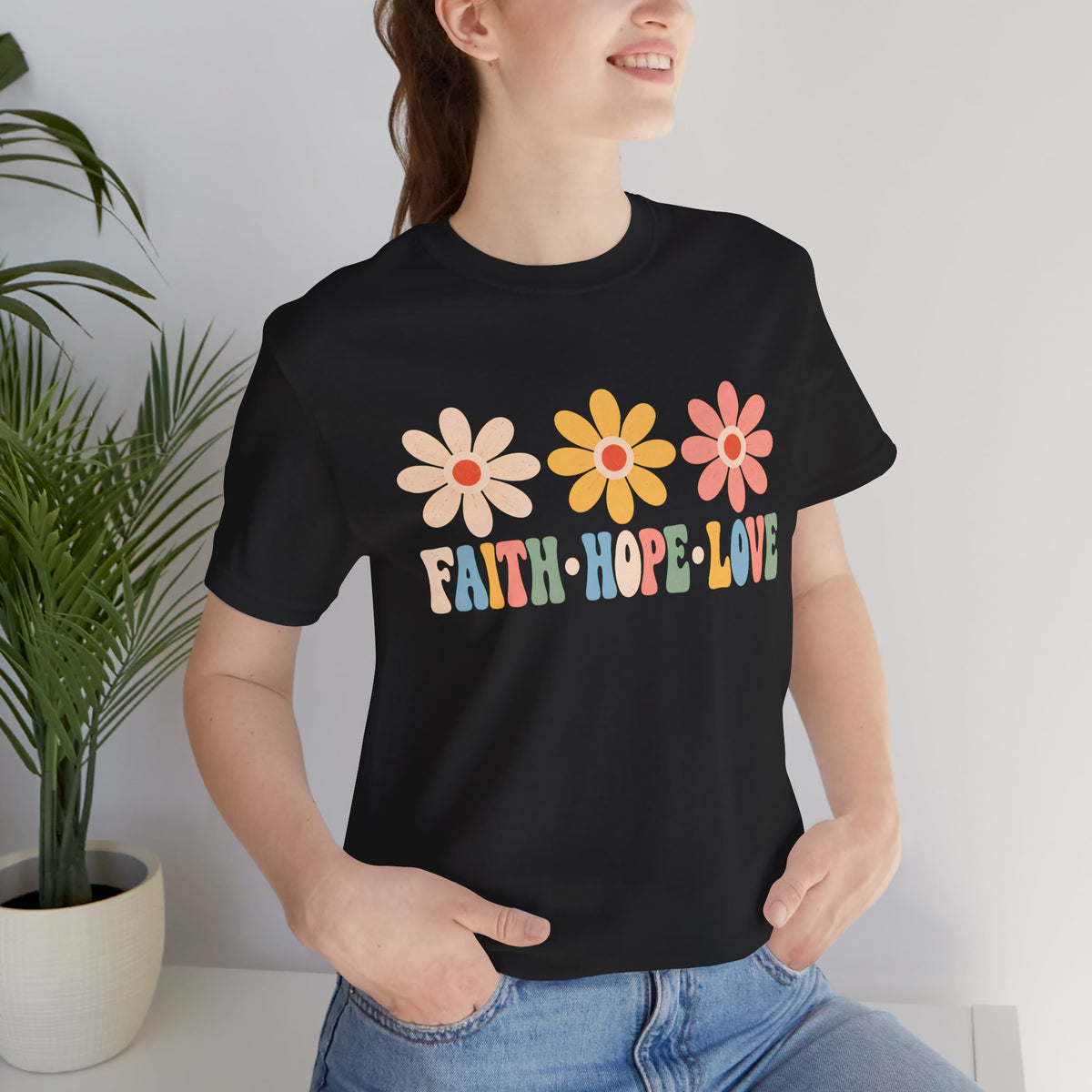 Faith Hope Love Floral T-Shirt, Retro Flower Graphic Tee - 14978
