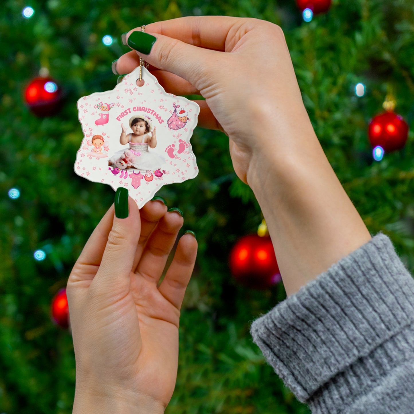 First Christmas, Baby Girl, Customizable  - Ceramic Ornament, 4 Shapes - 10017