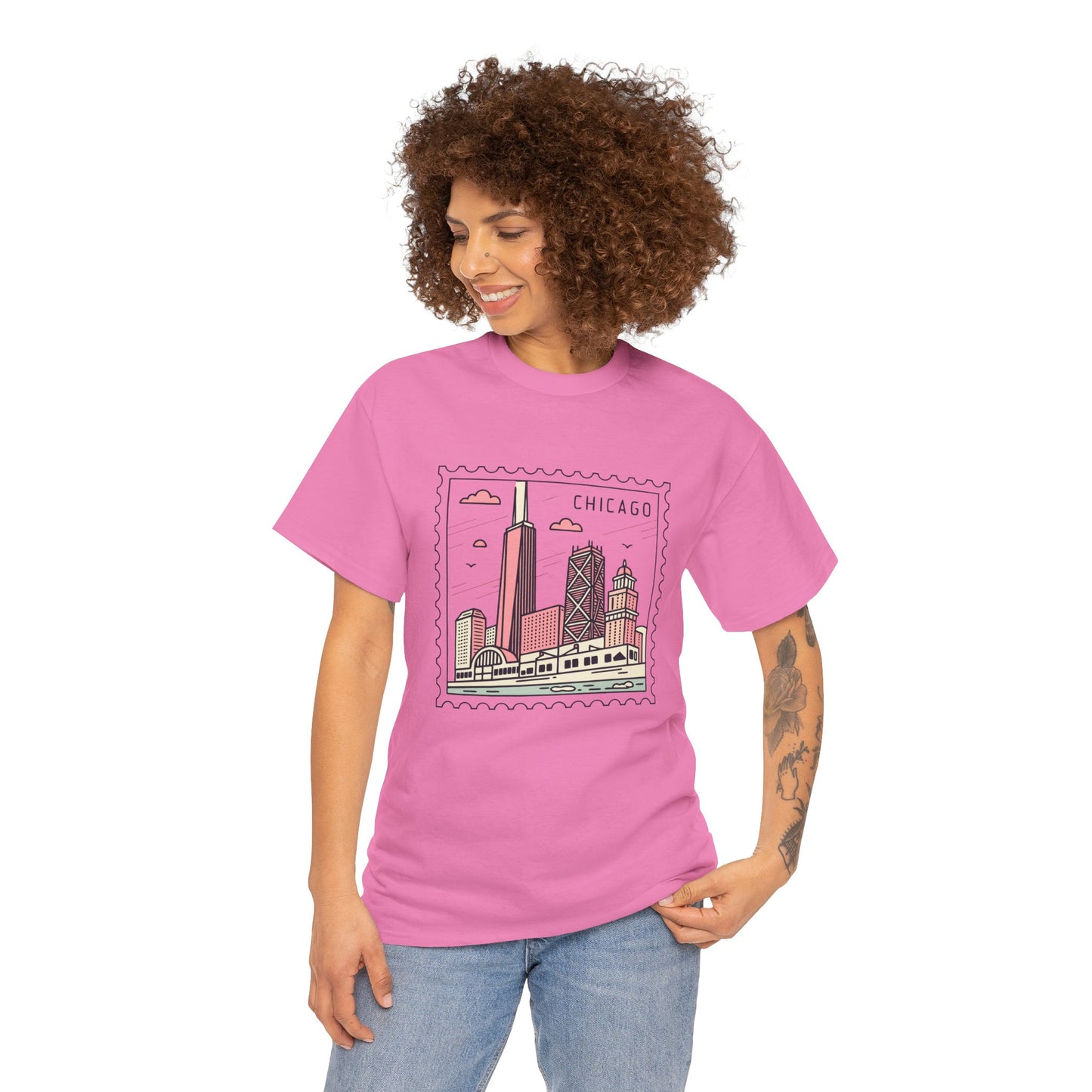Chicago Skyline Postage Stamp Unisex Heavy Cotton Tee - 12130