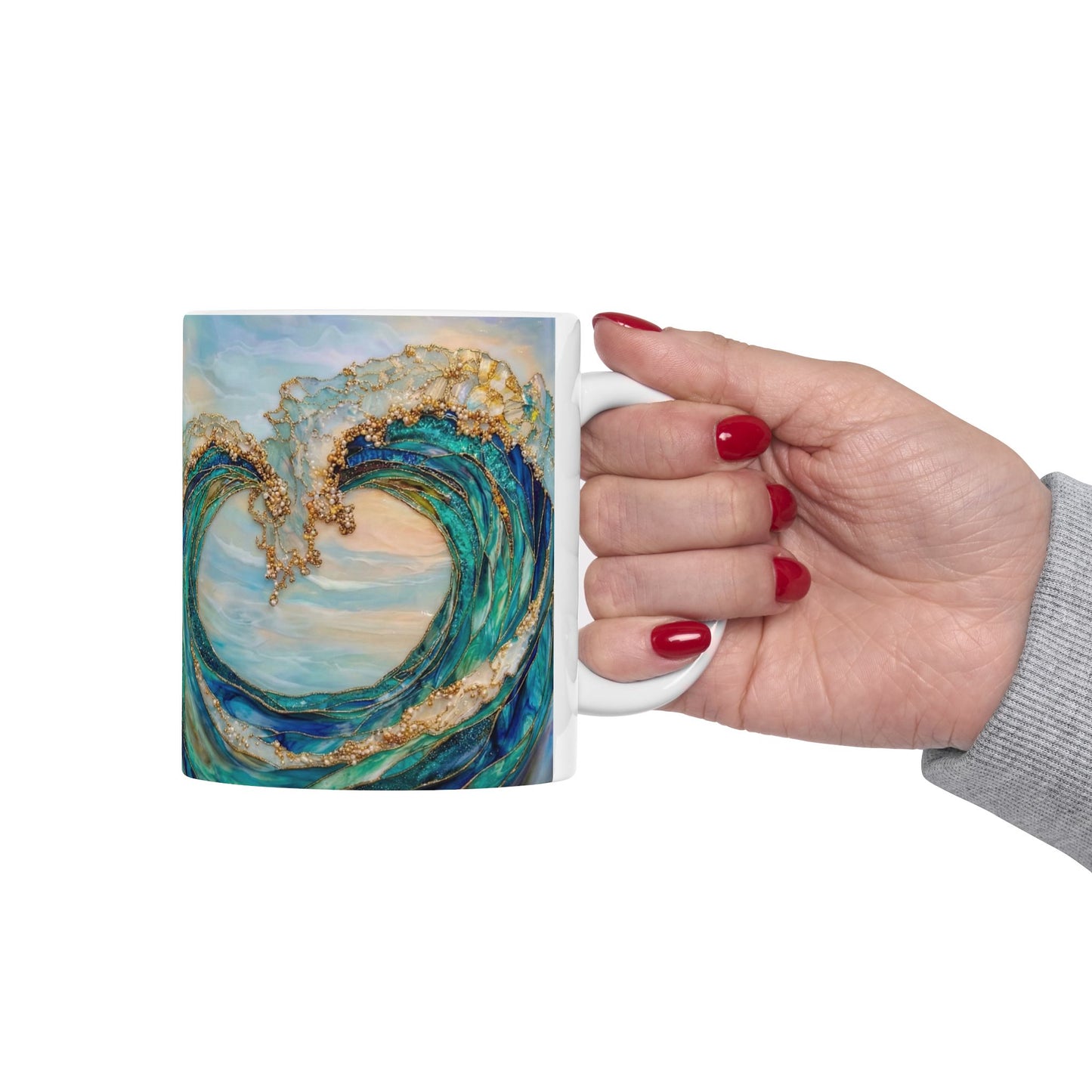 Ocean Wave Ceramic Mug — Teal & Gold Coastal Art Coffee Cup (11oz, 15oz) - 14522