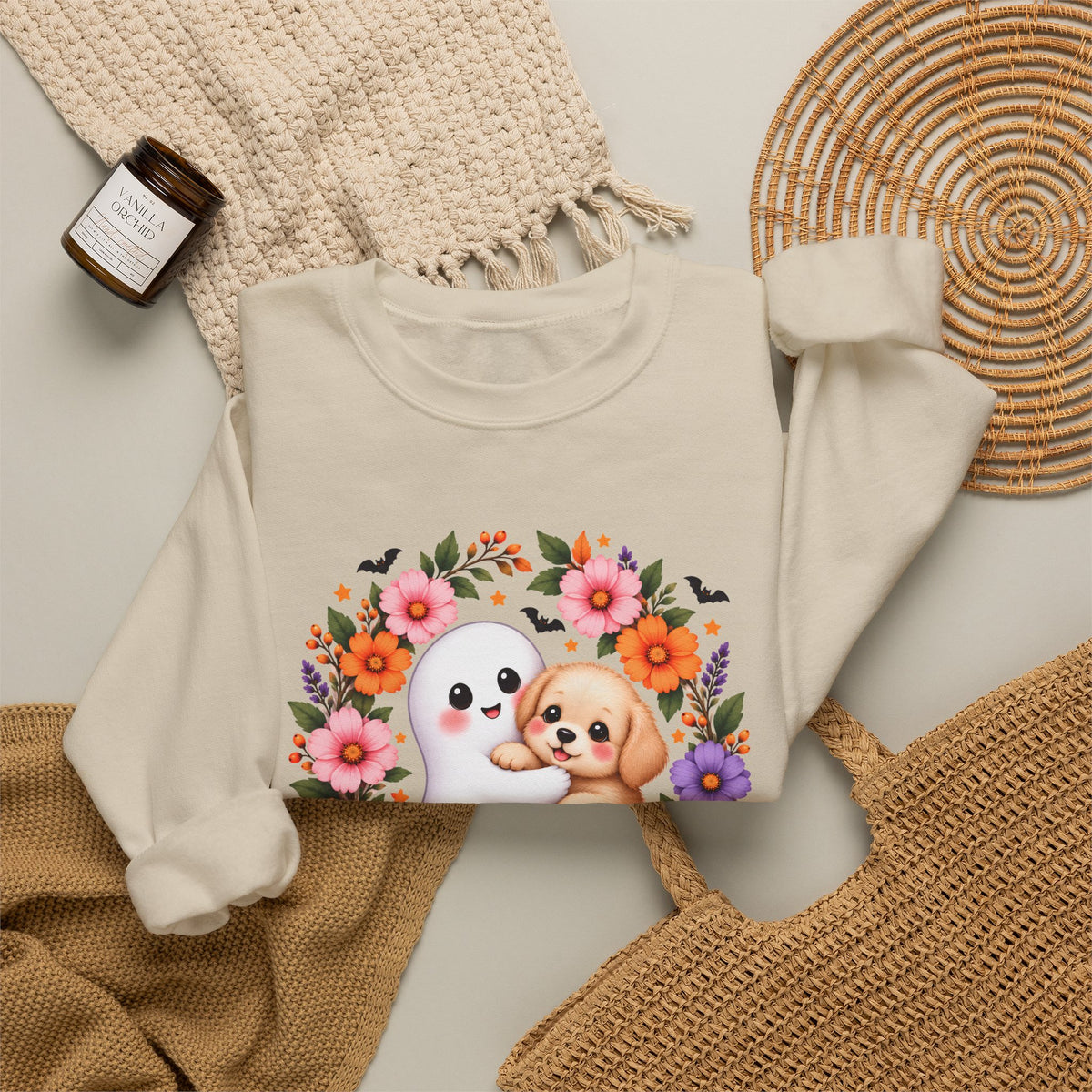 Cute Ghost & Puppy Halloween Sweatshirt,  Floral Crewneck - 14515