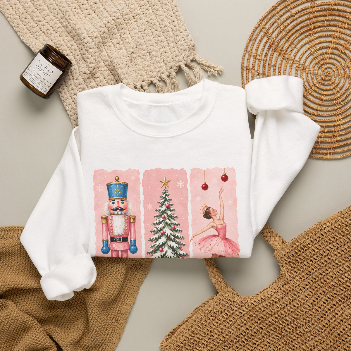 Christmas Nutcracker & Ballerina Sweatshirt, Vintage Pink Holiday Crewneck - 14568