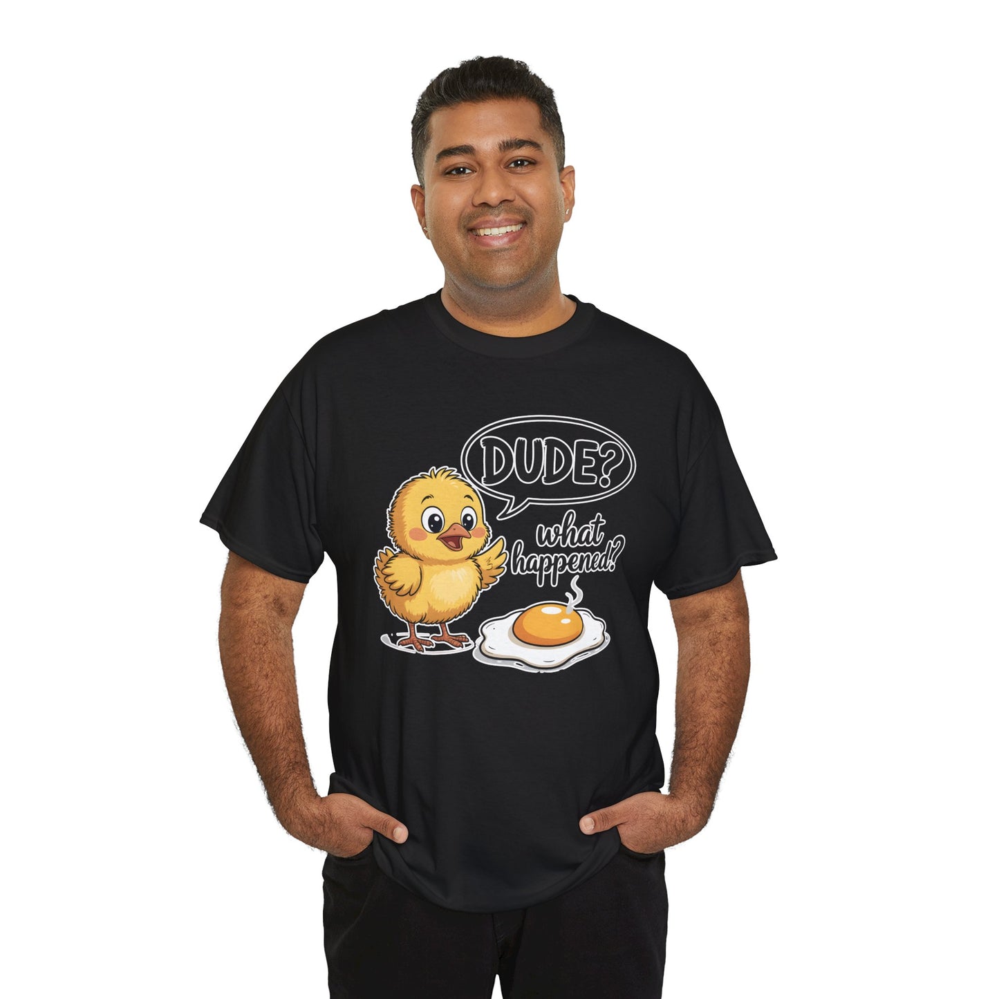 Funny Chicken T-Shirt – “Dude? What Happened?” Cute Chick & Egg Humor Tee Gift - 14849
