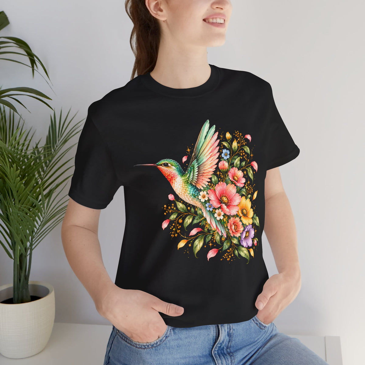 Colorful Hummingbird Floral T-Shirt, Nature Lover Tee - 14516