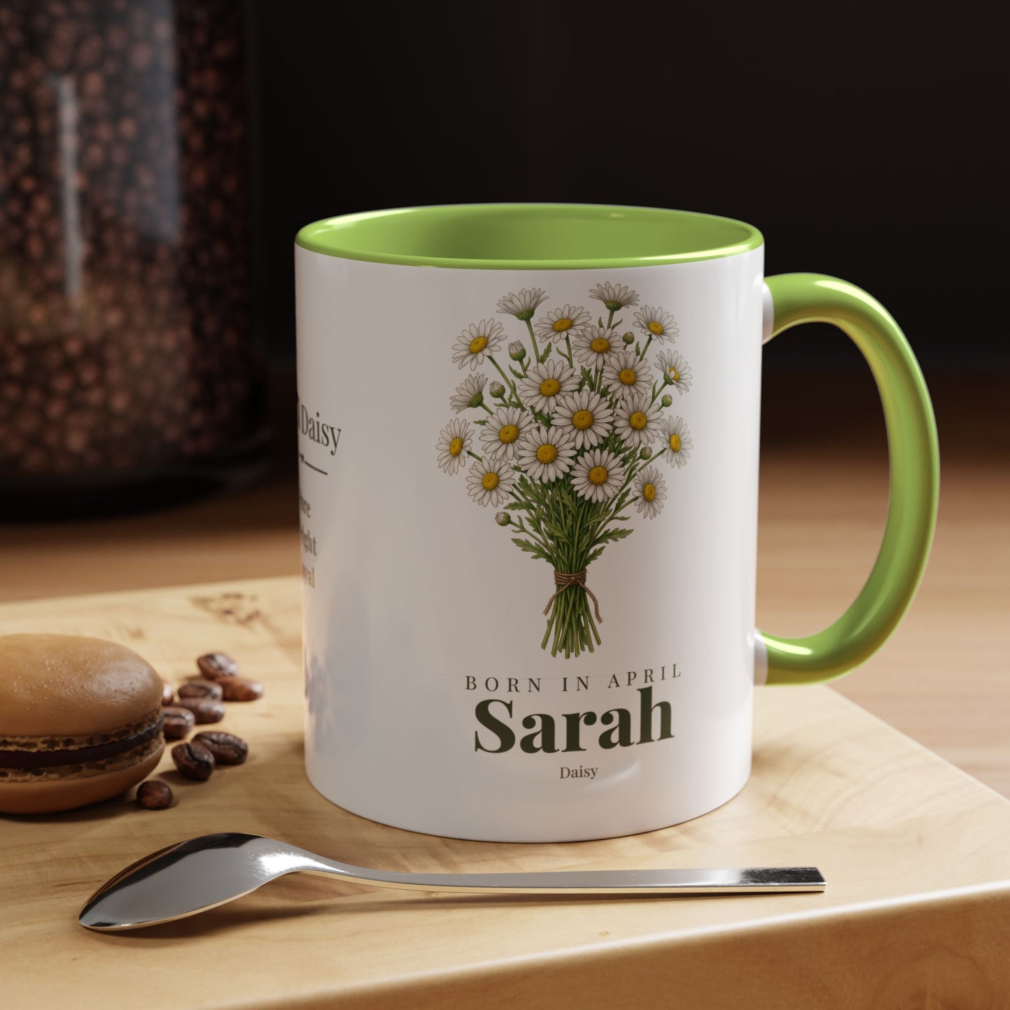 Personalized April Daisy Birth Flower Mug – Custom Name Floral Accent Coffee Cup, April Birthday Gift (11oz, 15oz) - 14833