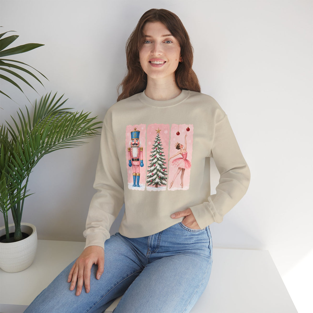 Christmas Nutcracker & Ballerina Sweatshirt, Vintage Pink Holiday Crewneck - 14568