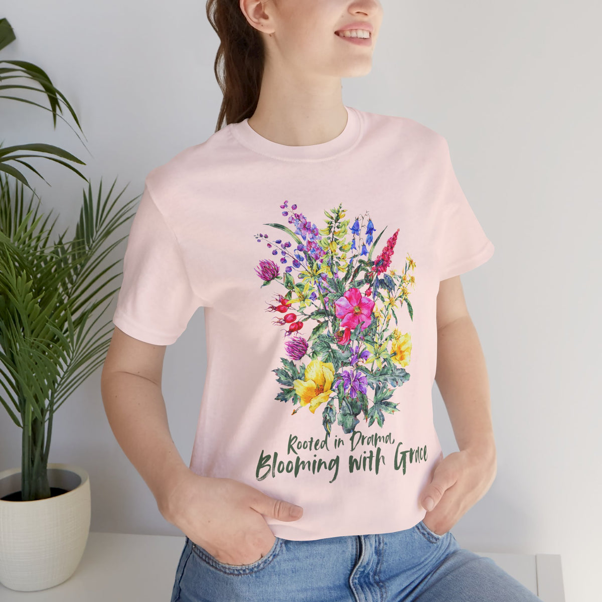Blooming With Grace Floral T-Shirt, “Rooted in Drama” Watercolor Botanical Tee - 14965