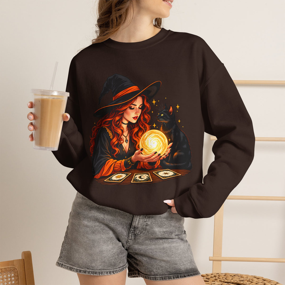 Witch Tarot Crewneck Sweatshirt, Mystic Fortune Teller & Black Cat Design - 14504