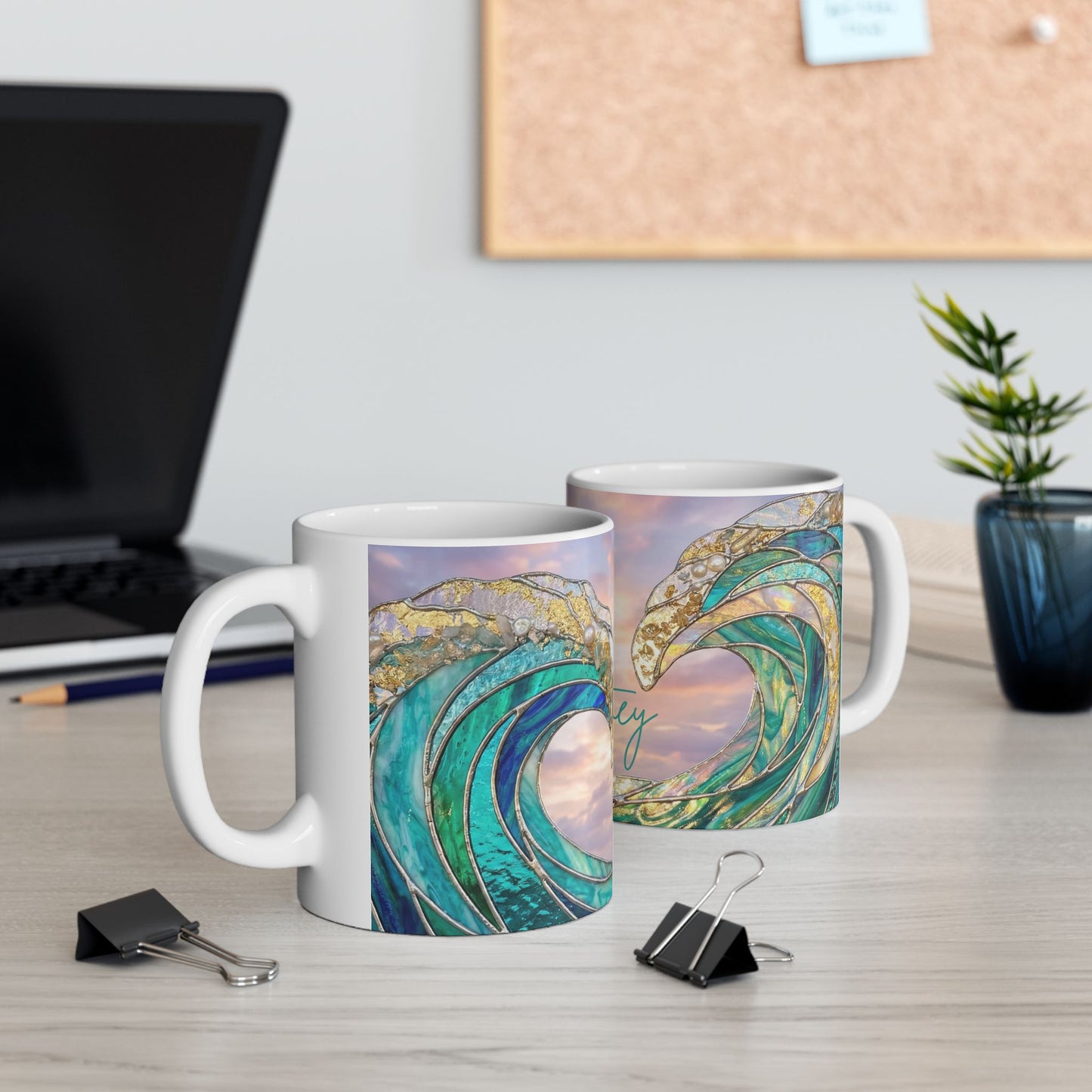 Personalized Ocean Wave Mug – Turquoise Coastal Ceramic Coffee Cup - 14899