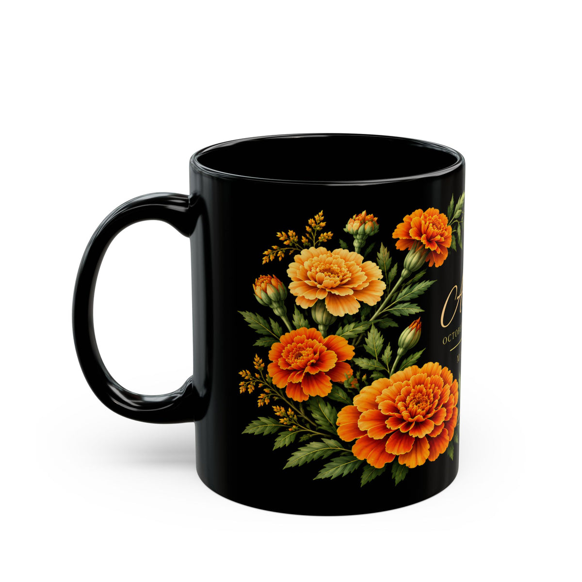 Personalized October Birth Flower Mug,  Marigold Black Coffee Cup, Custom Name 11oz/15oz - 14976
