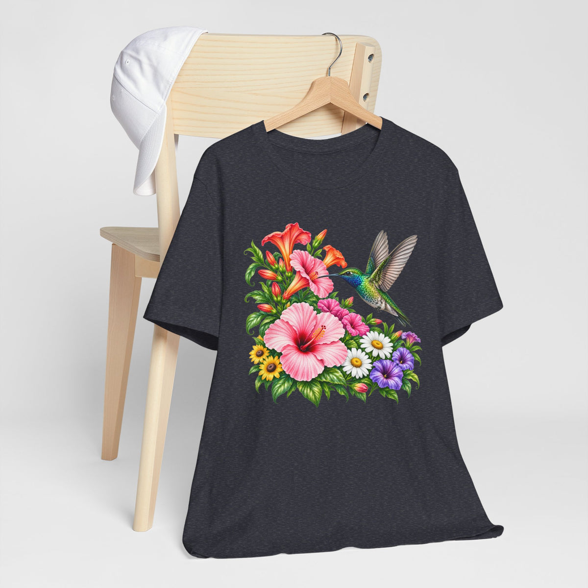 Hummingbird & Hibiscus T-Shirt, Colorful Tropical Floral Garden Tee - 14542