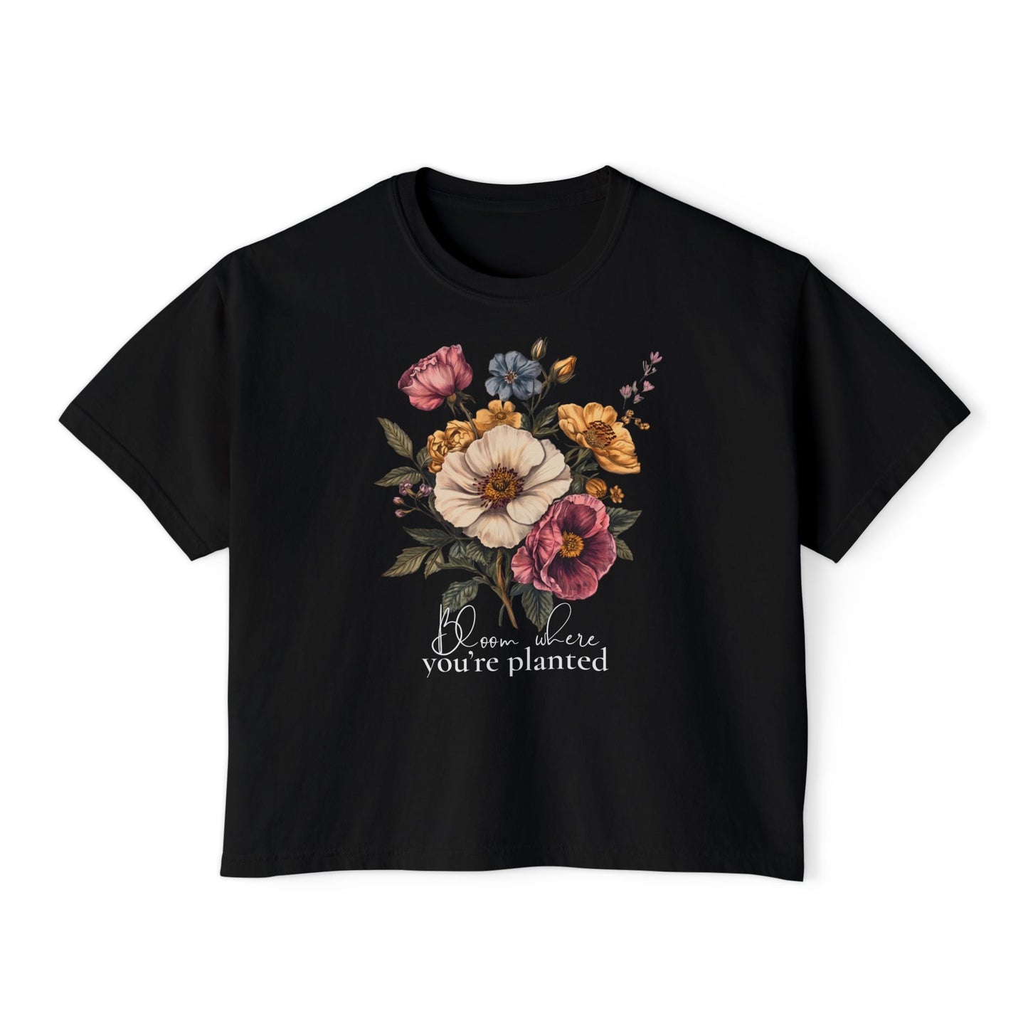Bloom Where You’re Planted Floral Boxy Tee, Vintage Botanical T-Shirt - 14934