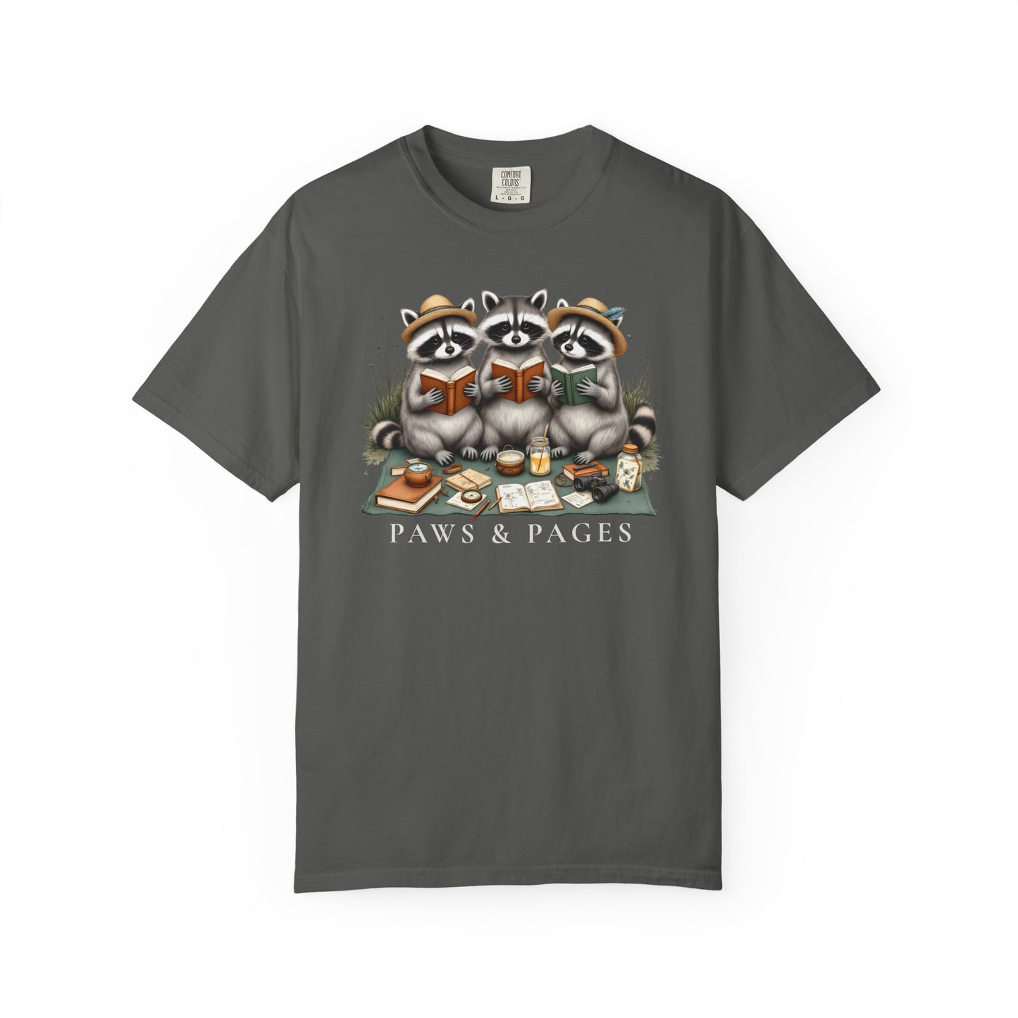 Paws & Pages Raccoon Reading T-Shirt – Cute Book Lover Graphic Tee, Cozy Reader Gift Shirt - 14816